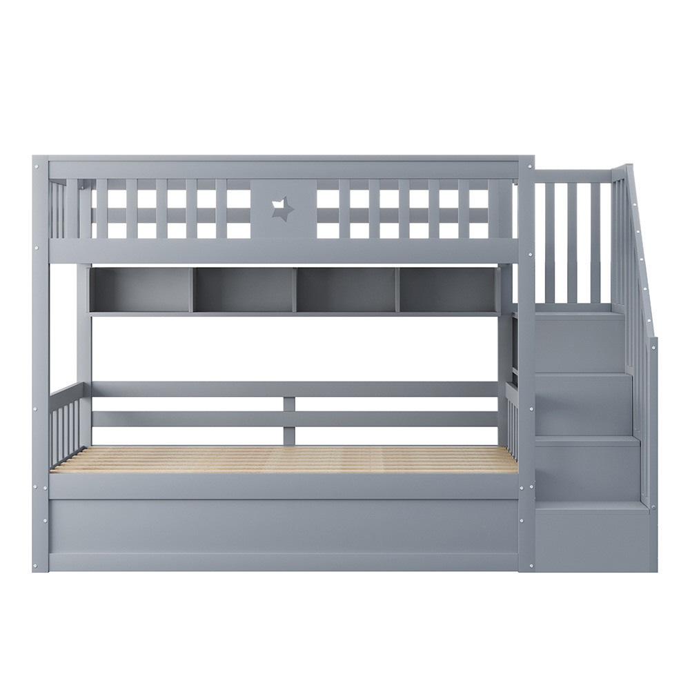 Træ Køjeseng 90 x 200 cm, Hydraulisk Undersengsmekanisme med Trappe og Opbevaringsplads, Grå Børneseng (Madras er ikke inkluderet i prisen)