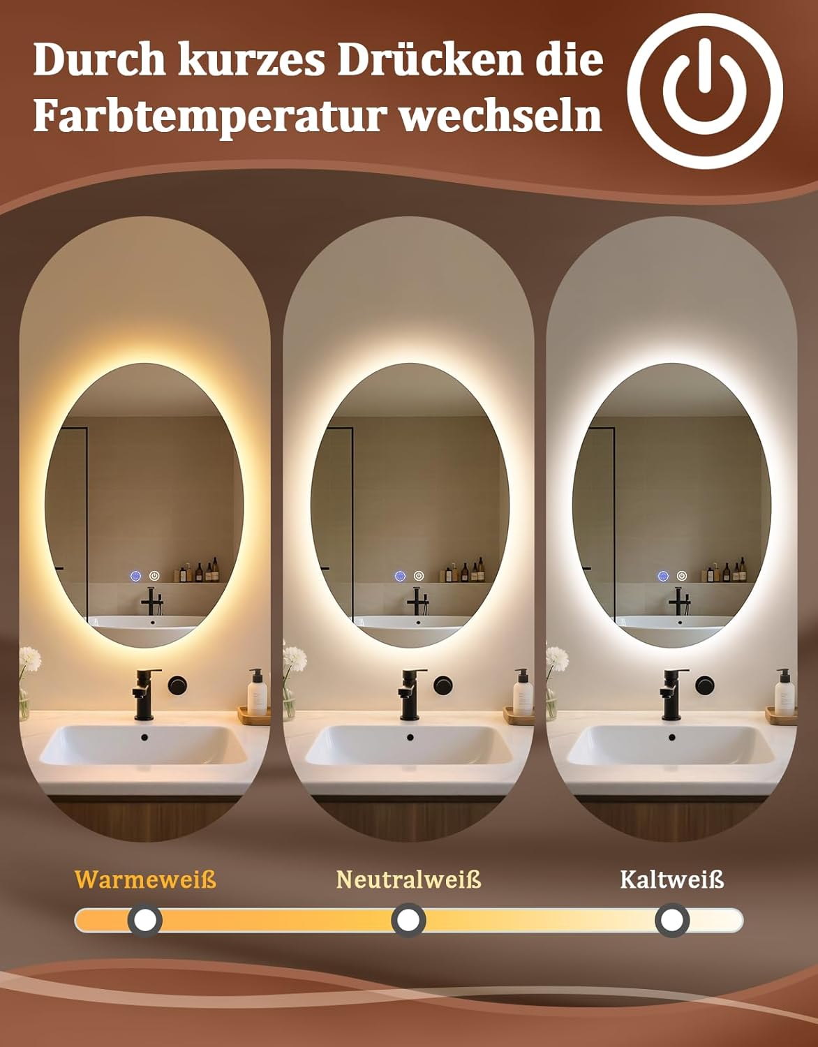NETTLIFE Ovalt LED Badeværelsesspejl 50x70cm, Touch Control, Anti-dug, Dæmpbar 3000-6500K, IP44 Vægspejl
