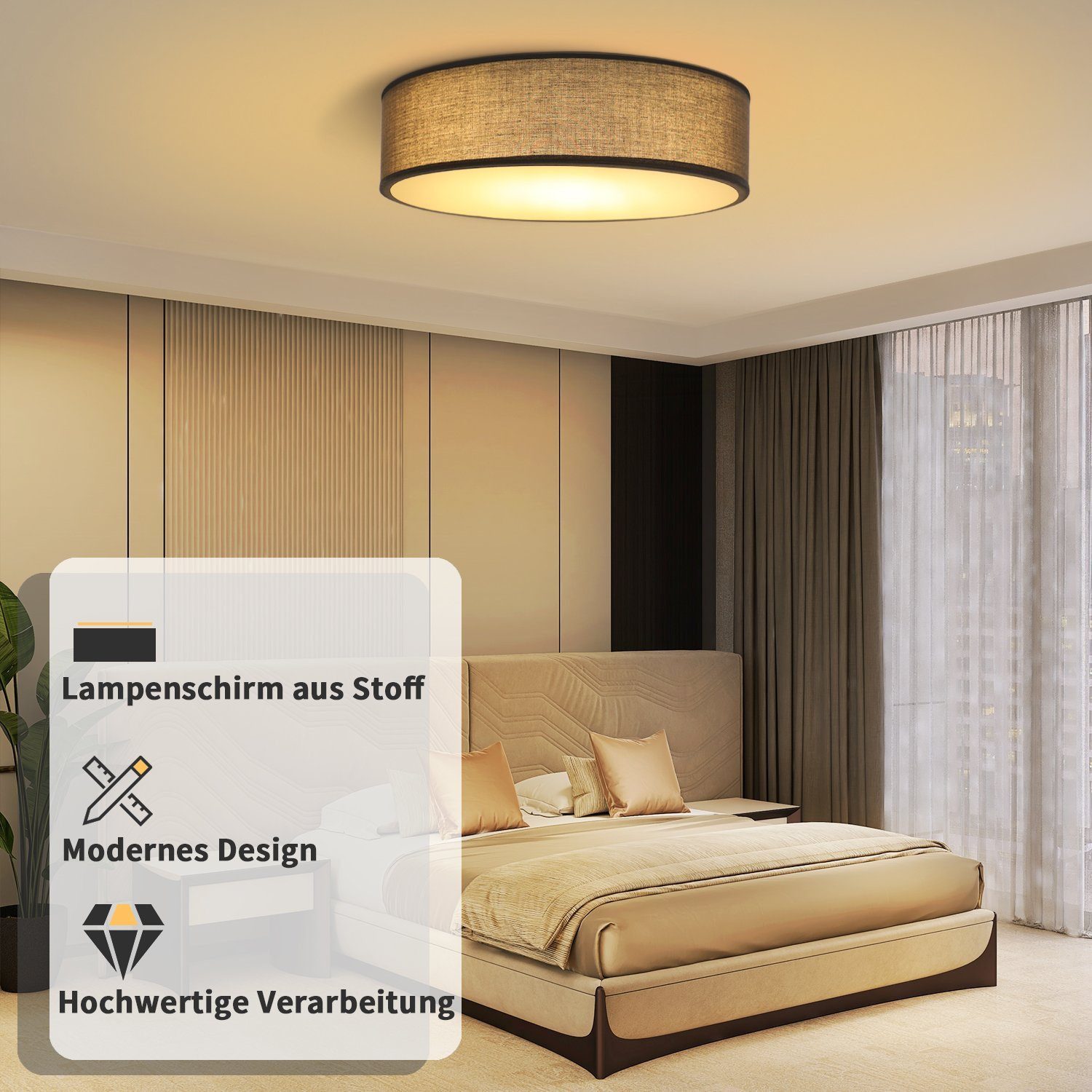 NETTLIFECeilinglampe 30CM, E27 rund, gråt stof, 1 pære, moderne soveværelseslampe, maks. 40W, til stue, køkken, entré