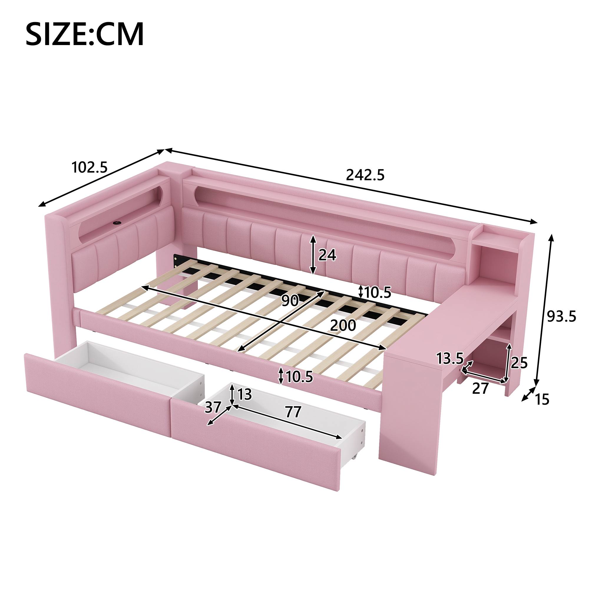 seng 90x200 cm rosa mdf og spærtræ med usb-porte led-belysning skrivebord og 2 skuffer