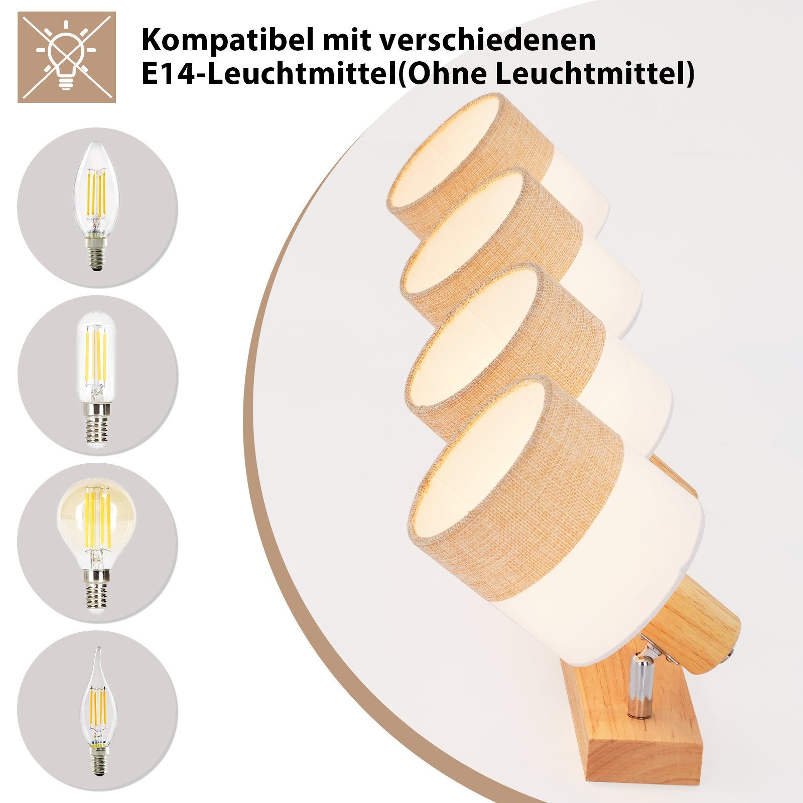 NETTLIFE 4-flammende loftspot i træ - vintage E14 loftslampe med retro stofskærm, 350° justerbar
