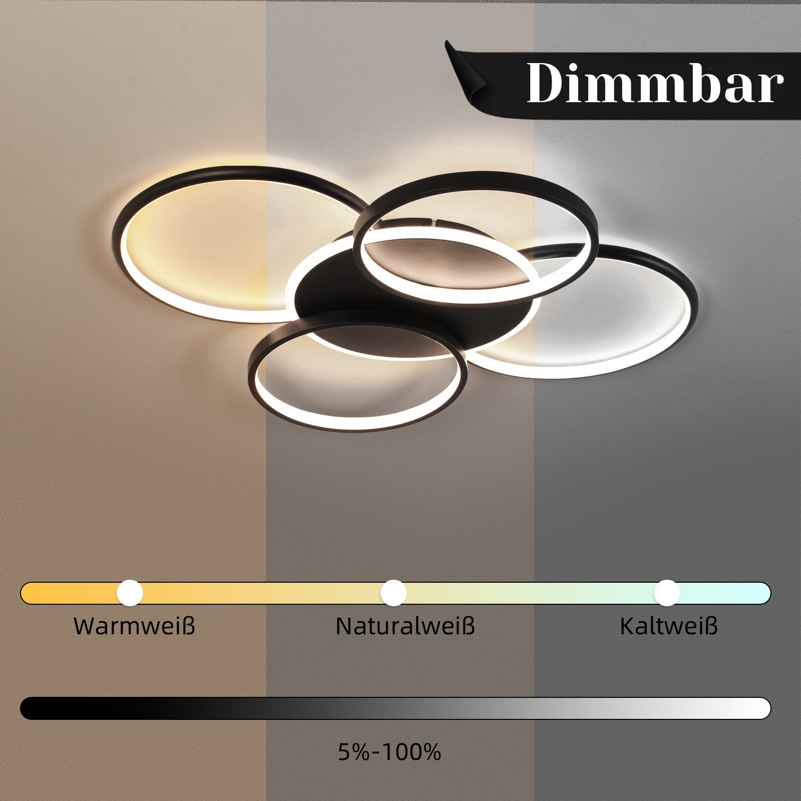 NETTLIFE LED - loftlampe, til stue, dæmpbar, 70W Med fjernbetjening, 5 ringe Hvid, moderne, akryl