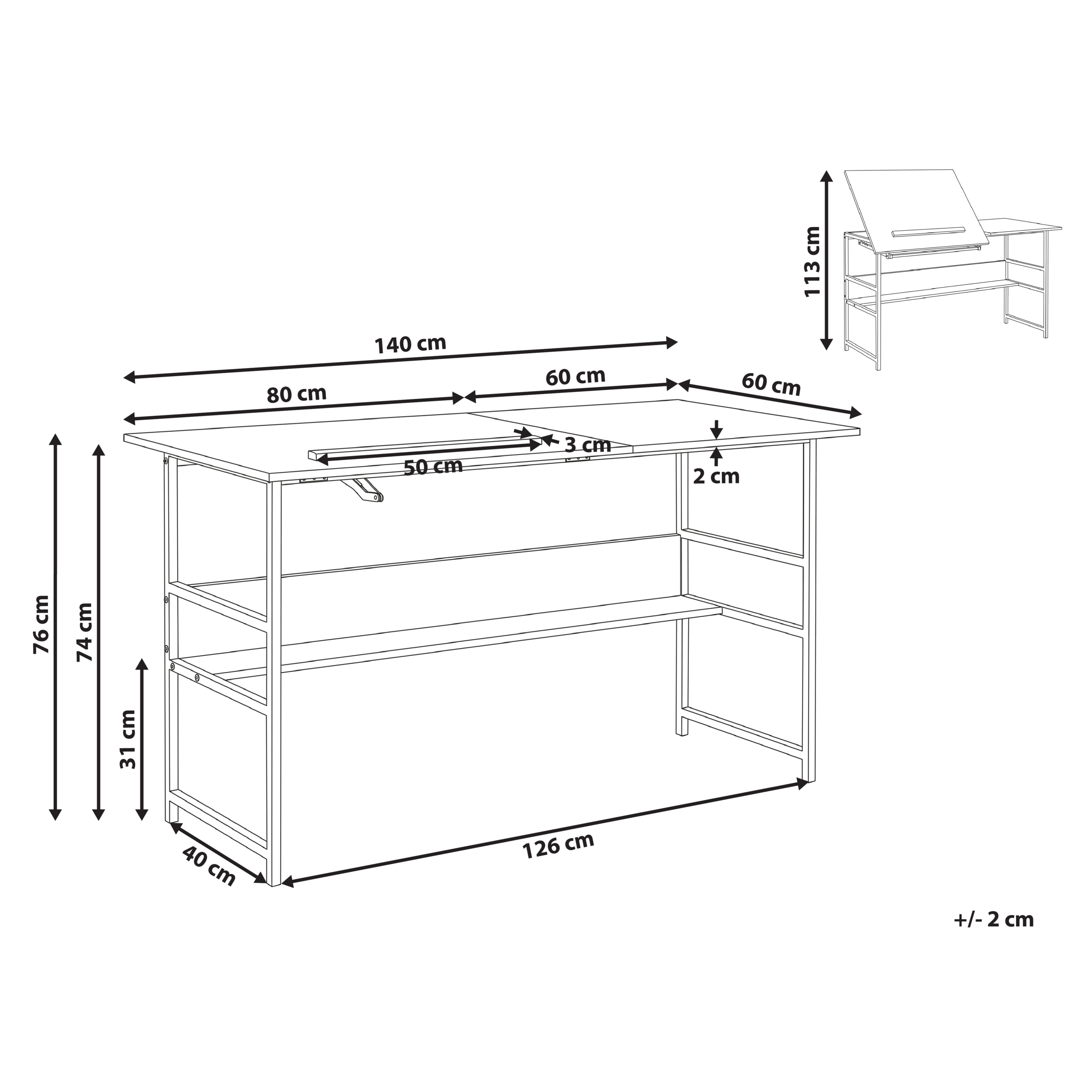 Vipbar tegnebord ORAN 140 cm 60 cm Hvid