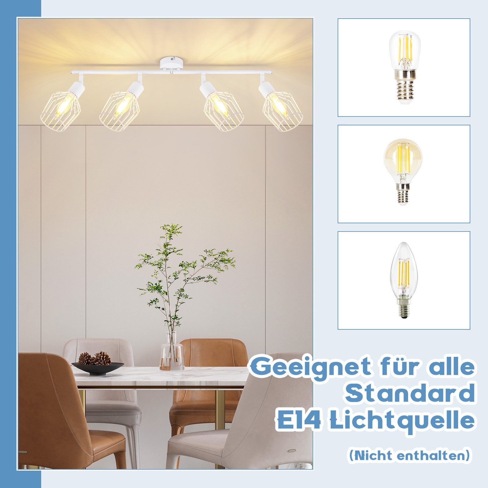 NETTLIFE 4 E14 - loftspotlight - metal, 350° drejelig industriel entrelampe, væglampe til entre og stue, hvid