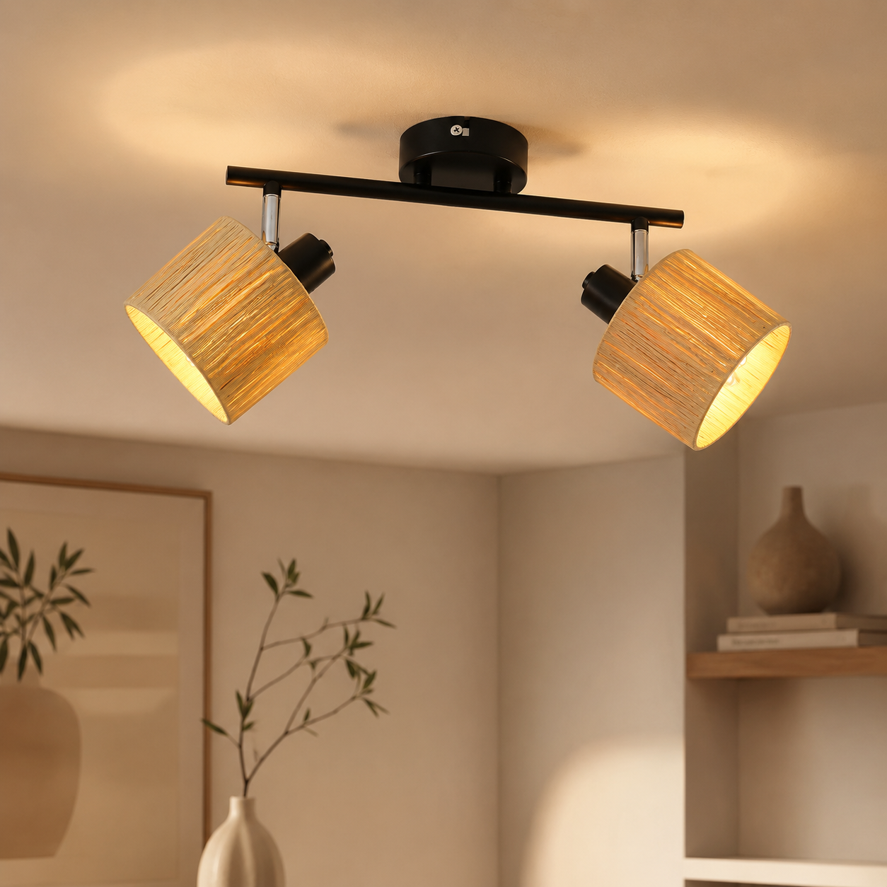 NETTLIFE loftspotlight med 2 flammer, E14, natursort loftslampe, papir, til stuen