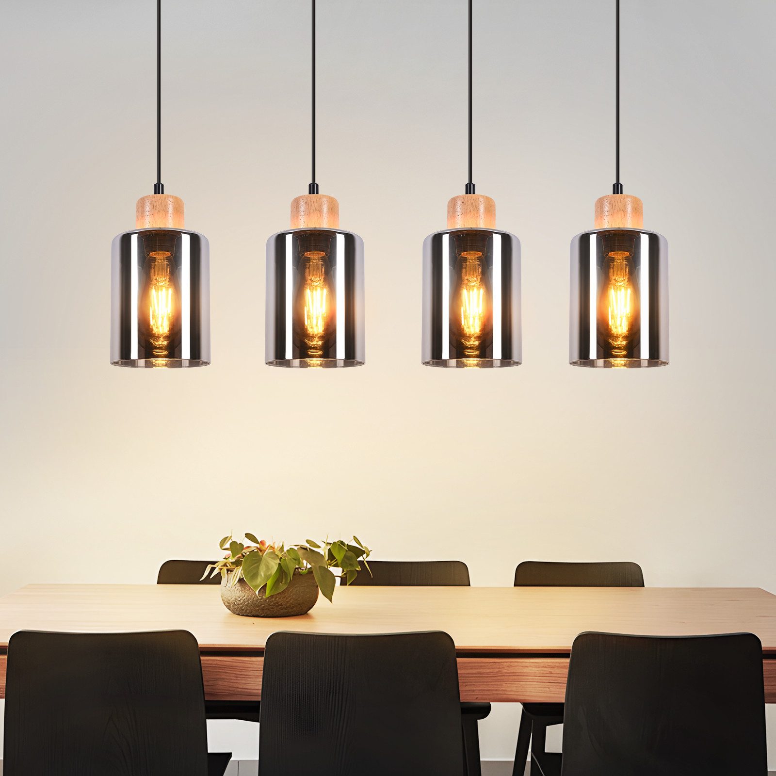 NETTLIFE spisebordspendellampe, glaspendellampe, vintage spisebordslampe, træpendellampe, 4 røgede glasflammer, E27