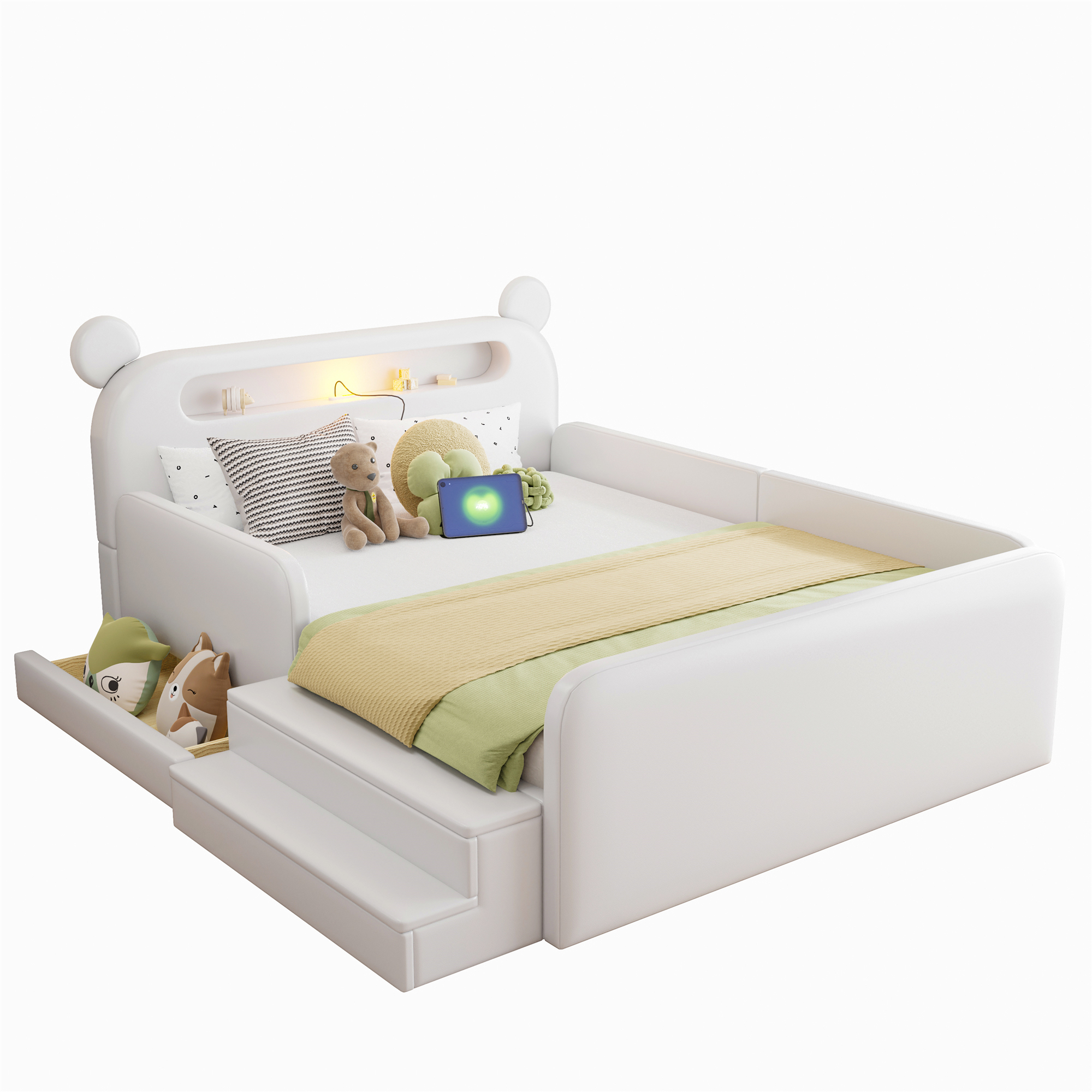 barneseng 140x200 cm hvid upholstered med bærekopfteil, natlys, usb-ladeanslutning, opbevaringsplads og stufensæde