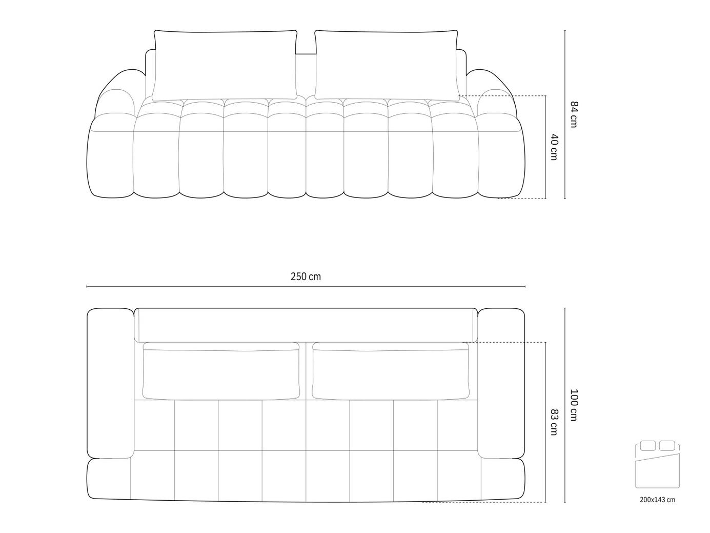 Cosmopolitan Design sovesofa med opbevaring, "Linz", 4-personers, 250 × 100 × 84 cm, Sorella, sorte plastben
