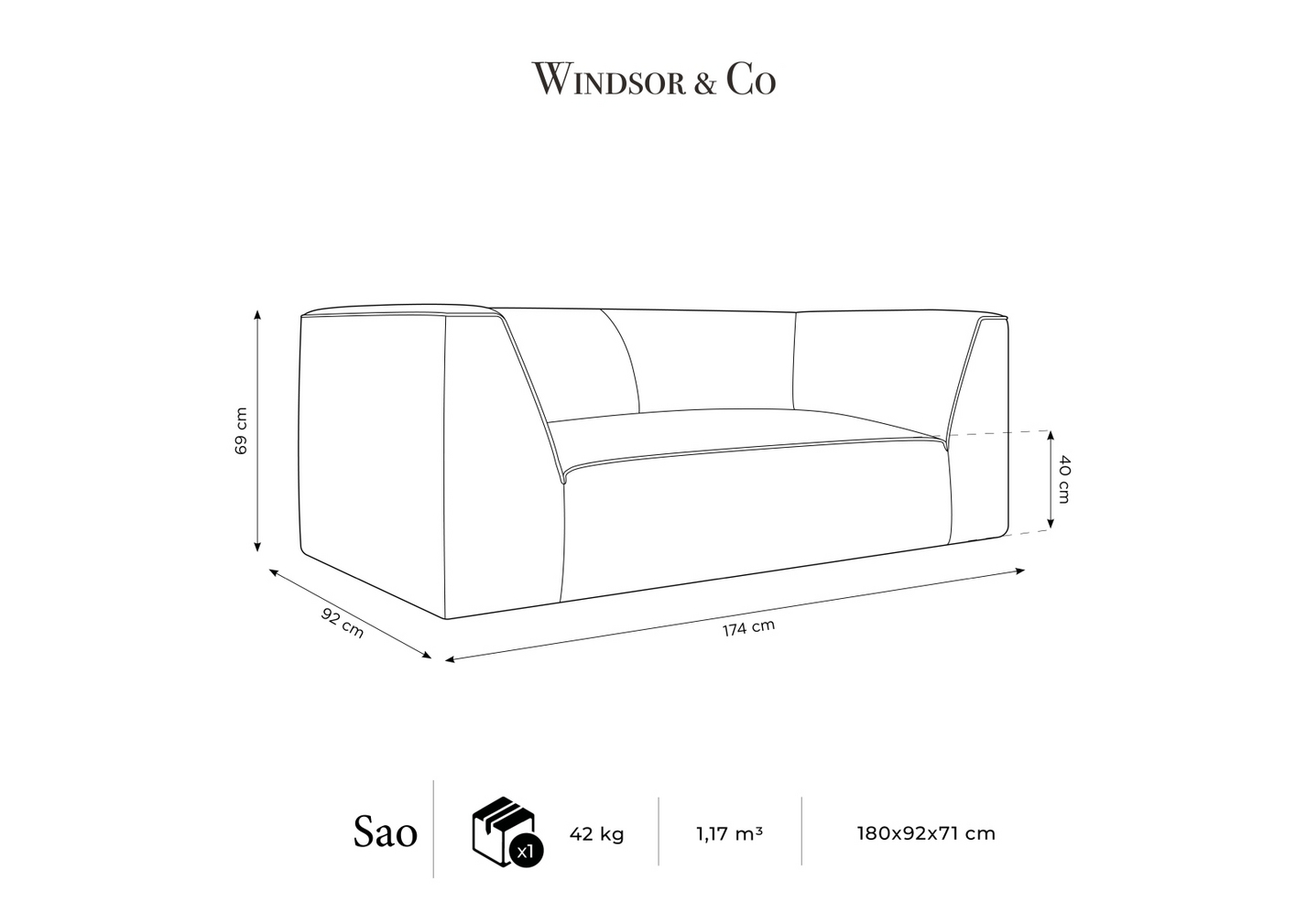 Cosmopolitan Design sofa, "Siena", 2-personers, 174 × 92 × 69 cm, Scala, sorte plastben