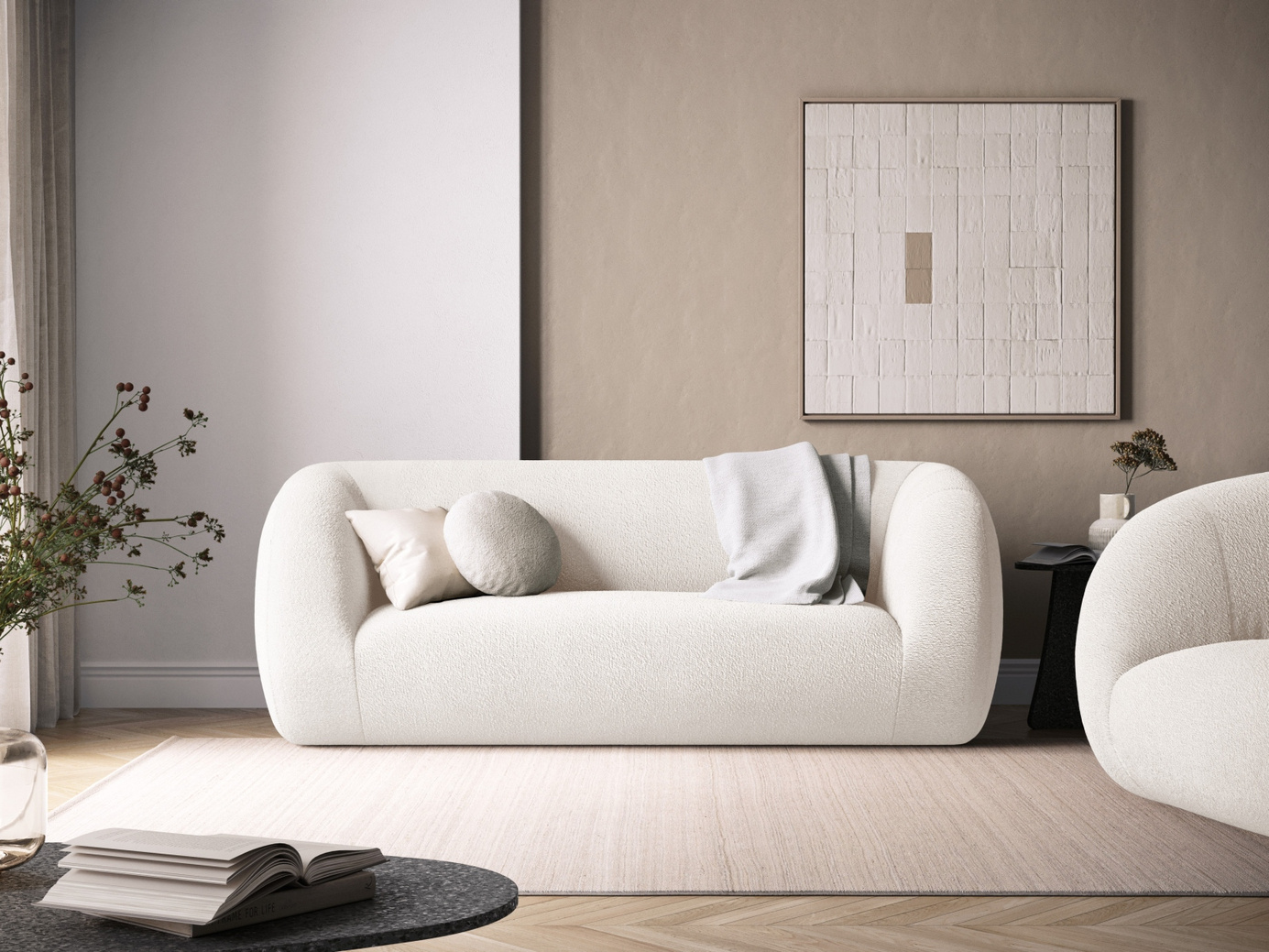 Cosmopolitan Design bouclé-sofa, "Essen", 2-personers, 210 × 95 × 86 cm, Baloo, sorte plastben