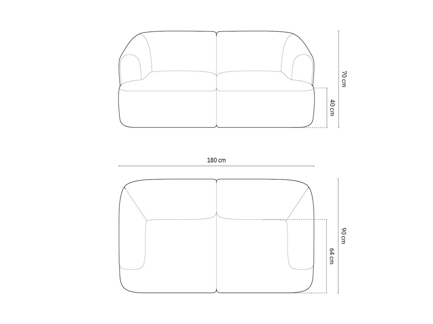 Cosmopolitan Design modulsofa, "Campi", 2-personers, 180 × 90 × 70 cm, Moly, sorte plastben