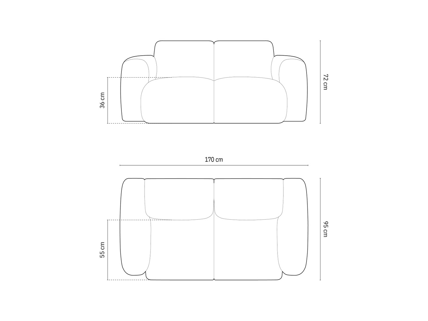 Cosmopolitan Design veloursofa, "Nolio", 2-personers, 170 × 95 × 72 cm, Casino, sorte plastben