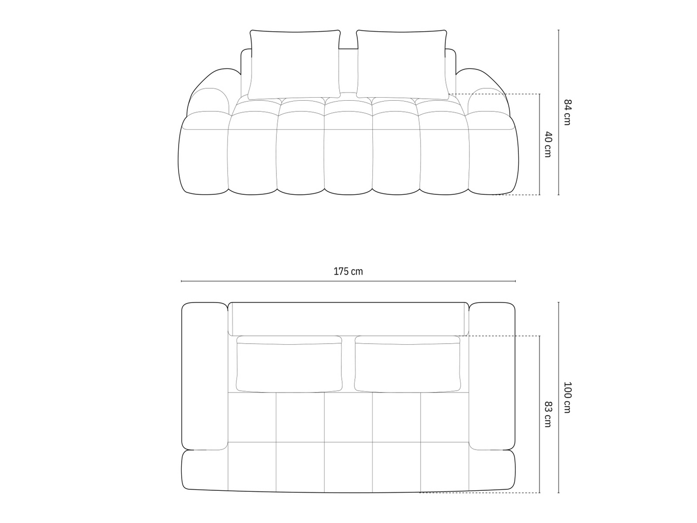 Cosmopolitan Design sofa, "Linz", 2-personers, 175 × 100 × 84 cm, Sorella, sorte plastben