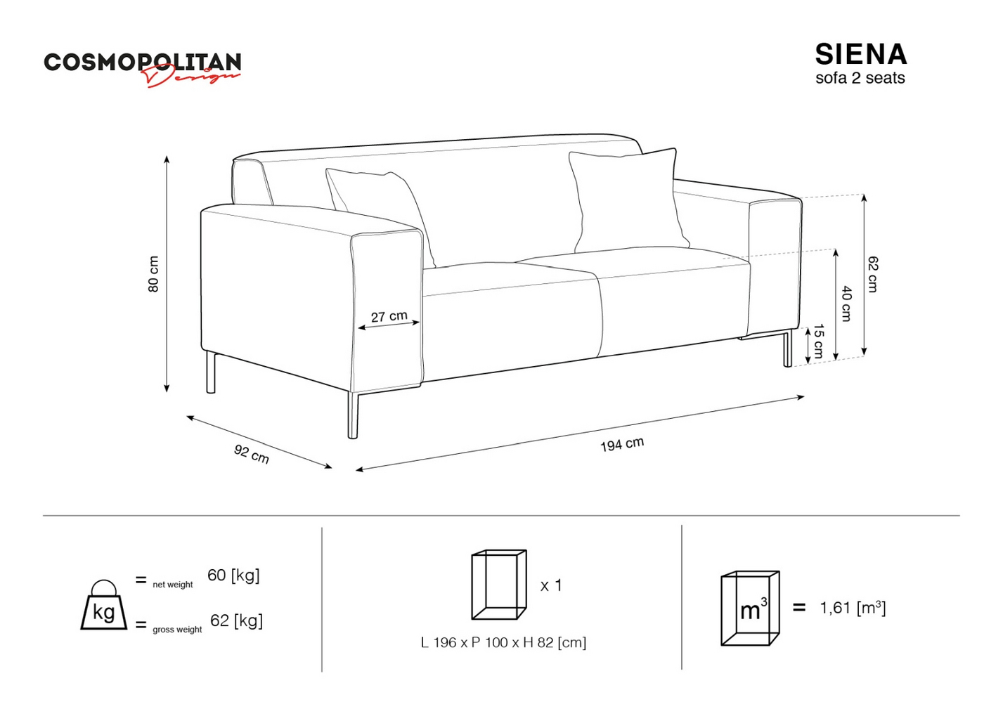 Cosmopolitan Design veloursofa, "Siena", 2-personers, 174 × 92 × 69 cm, Salvador, sorte plastben
