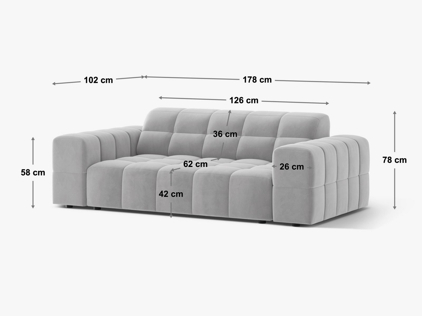Cosmopolitan Design veloursofa, "Chicago", 2-personers, 178 × 102 × 78 cm, Bluvel, sorte plastben