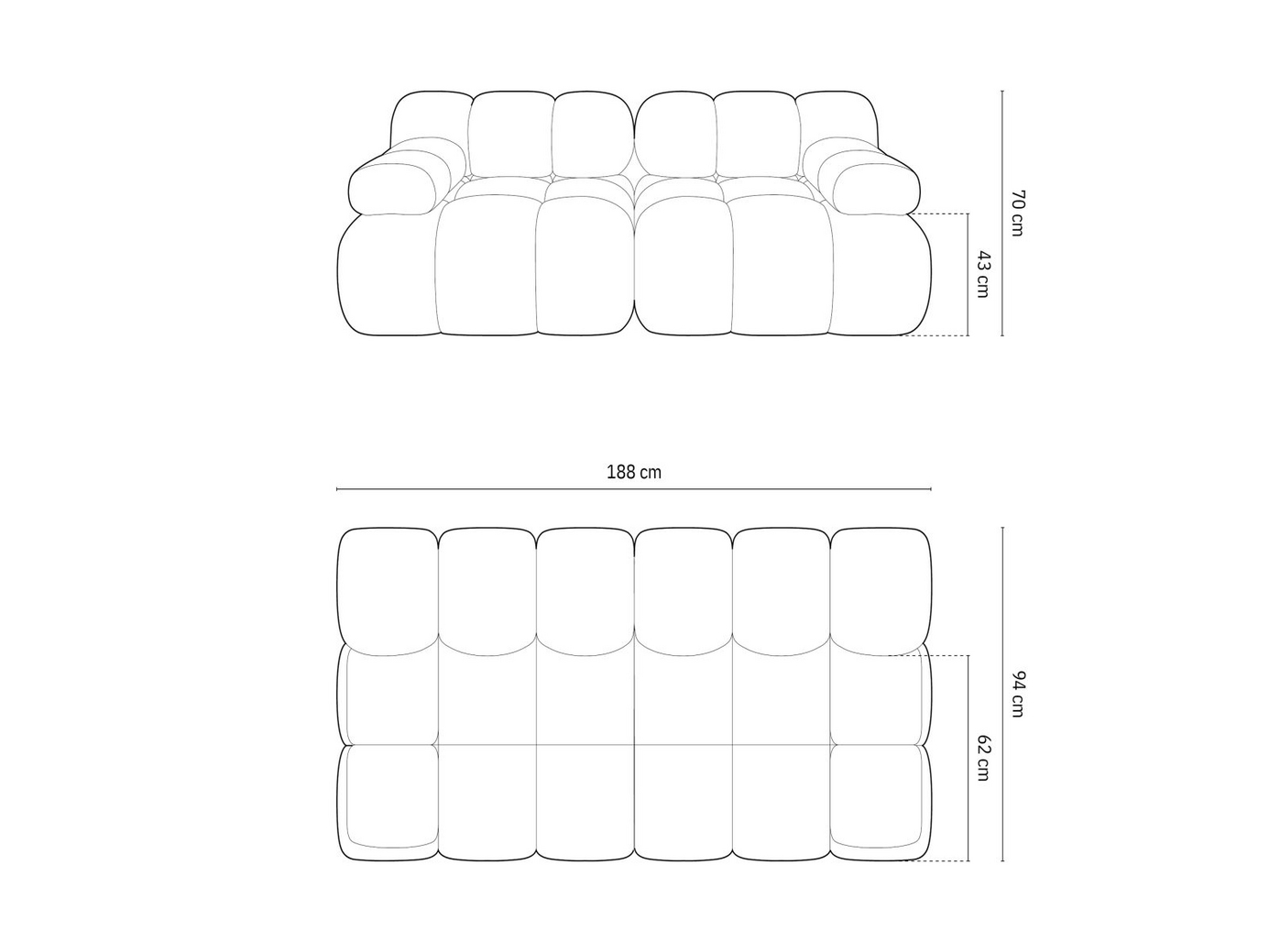 Cosmopolitan Design velourmodulsofa, "Cortina", 2-personers, 188 × 94 × 70 cm, Bluvel, sorte plastben