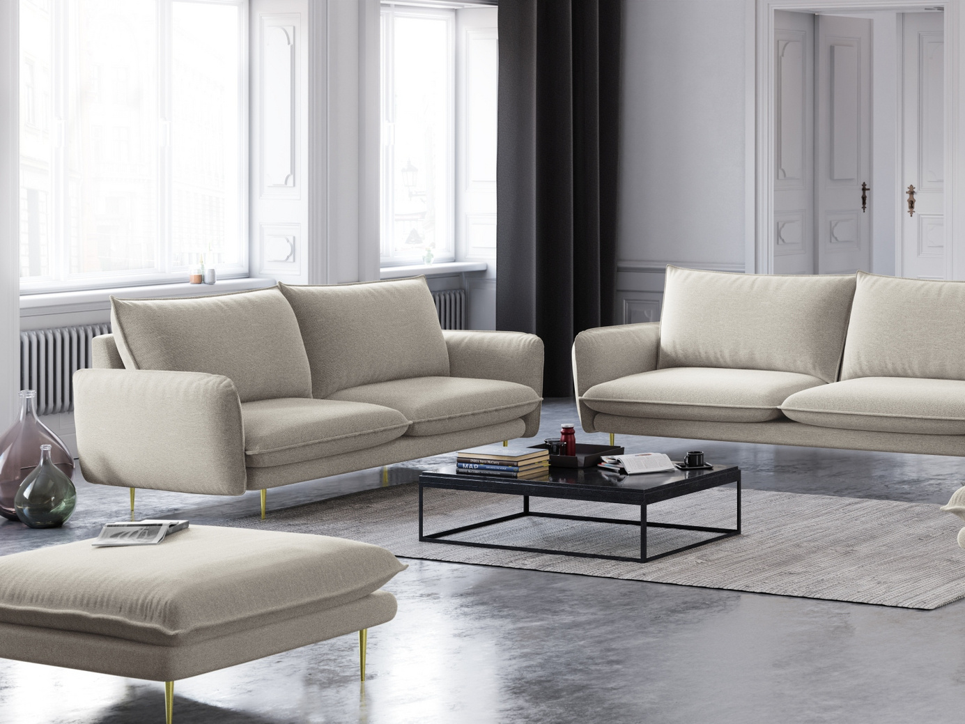 Cosmopolitan Design sofa, "Vienna", 2-personers, 160 × 92 × 95 cm, Positano, guldfarvede metalben