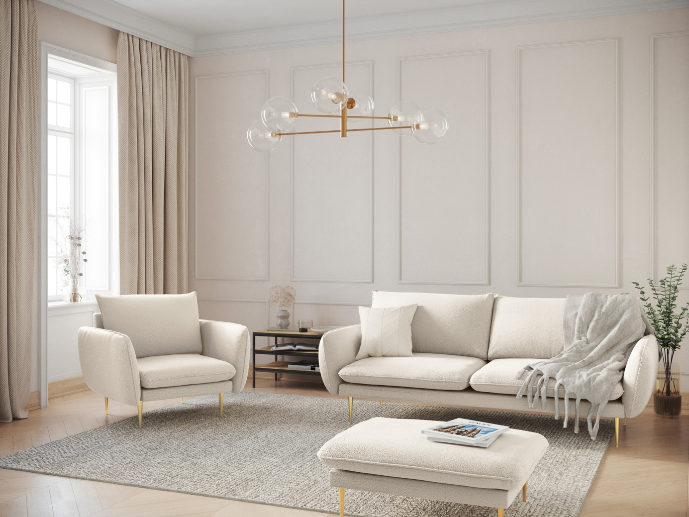 Cosmopolitan Design bouclé-sofa, "Vienna", 2-personers, 160 × 92 × 95 cm, Ascot, guldfarvede metalben