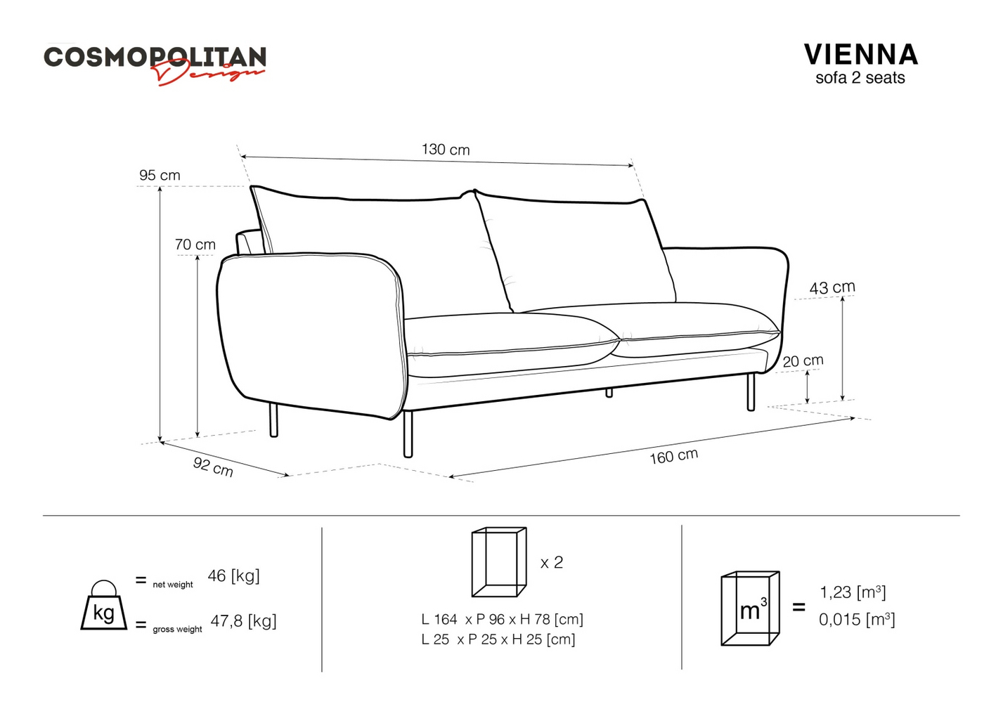 Cosmopolitan Design bouclé-sofa, "Vienna", 2-personers, 160 × 92 × 95 cm, Ascot, guldfarvede metalben