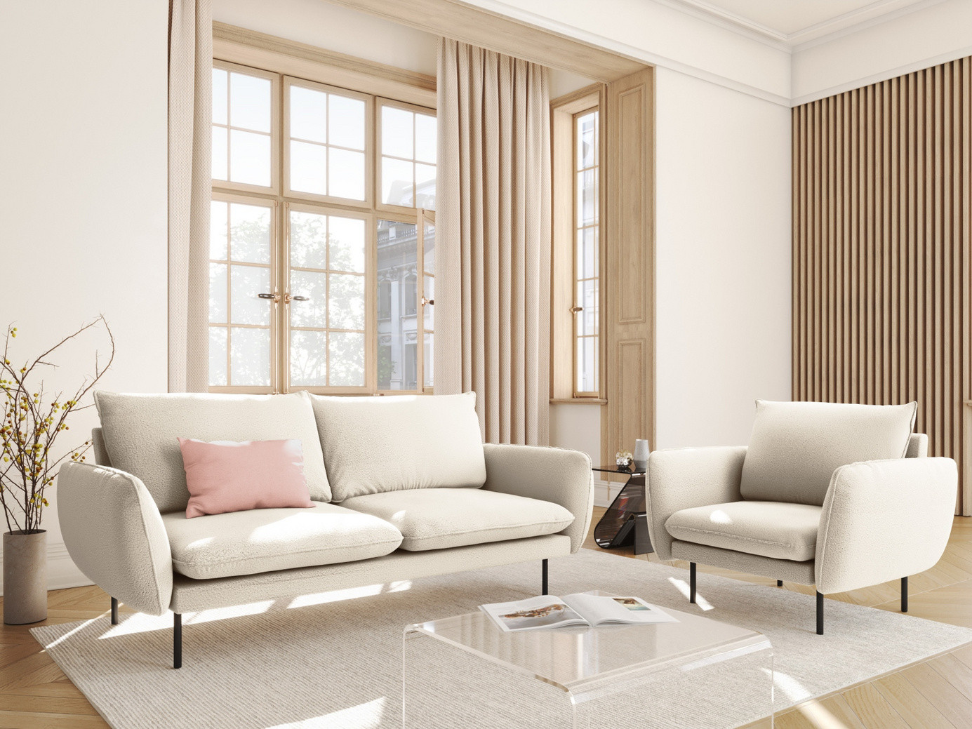 Cosmopolitan Design bouclé-sofa, "Vienna", 2-personers, 160 × 92 × 95 cm, Ascot, sorte metalben