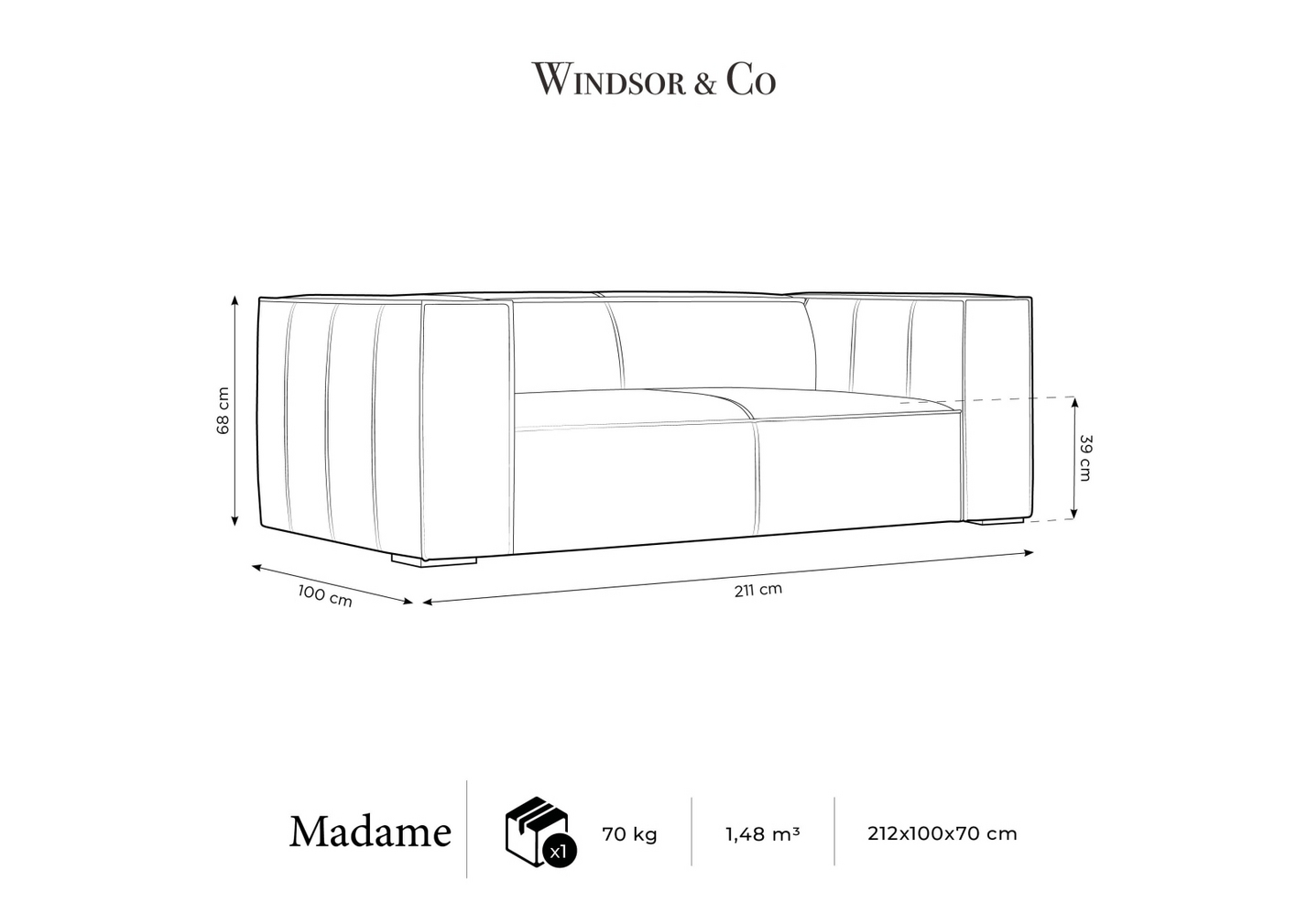 Cosmopolitan Design ægte læder sofa, "Turin", 2-personers, 212 × 100 × 68 cm, Granada, ben i sort bøg