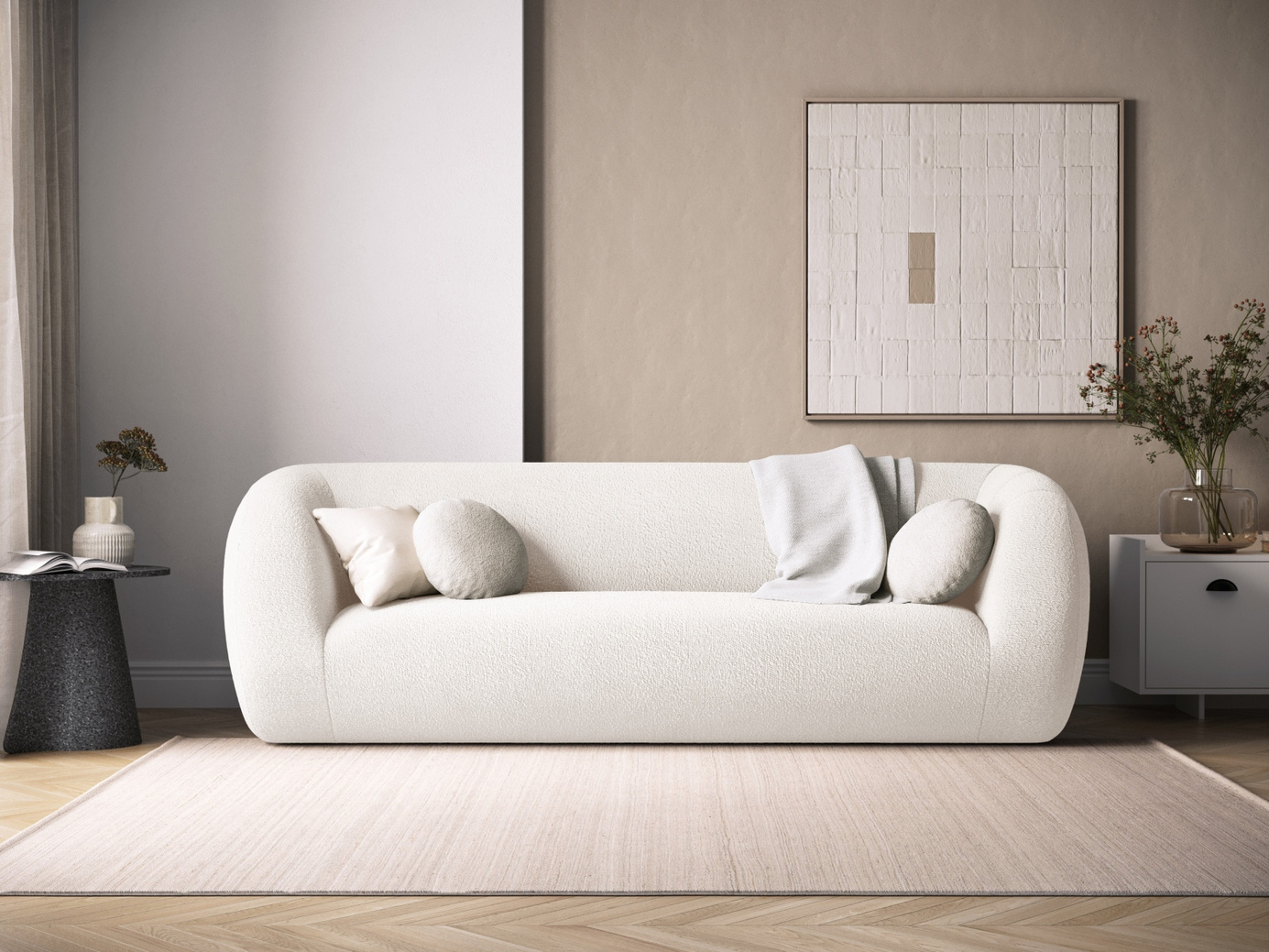Cosmopolitan Design bouclé-sofa, "Essen", 3-personers, 230 × 95 × 86 cm, Baloo, sorte plastben
