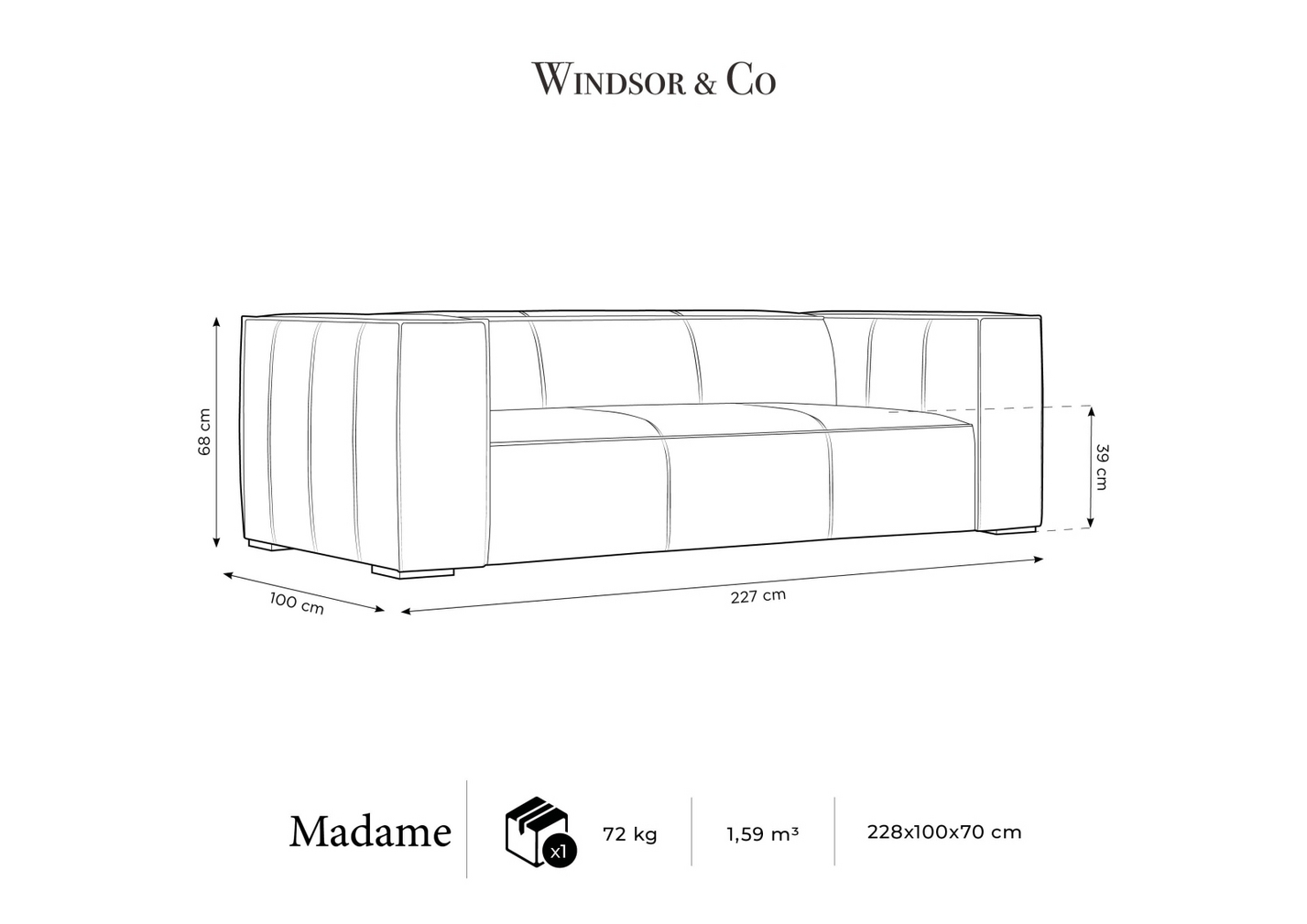 Cosmopolitan Design sofa, "Turin", 3-personers, 227 × 100 × 68 cm, Rosario, ben i sort bøg