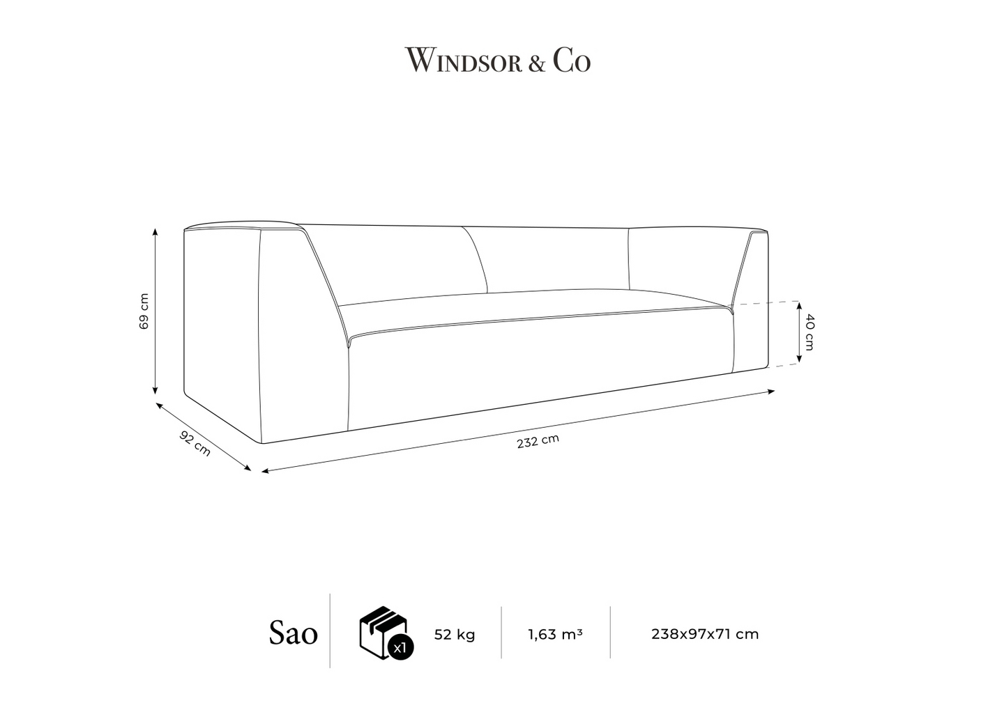 Cosmopolitan Design sofa, "Siena", 3-personers, 232 × 92 × 69 cm, Ottawa, sorte plastben