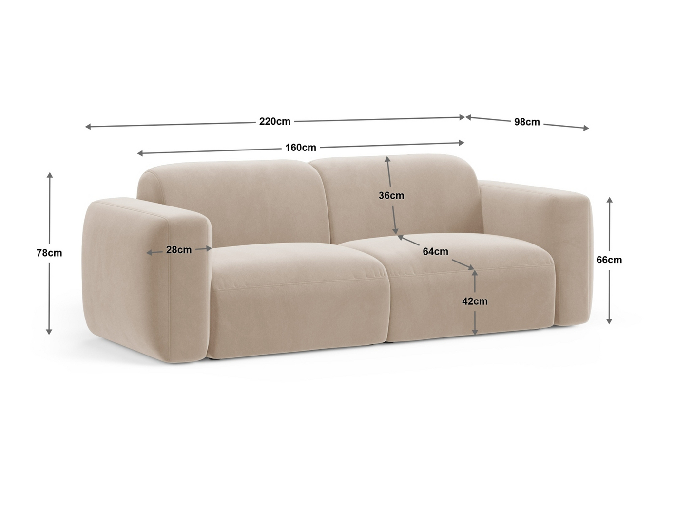 Cosmopolitan Design modulsofa, "Strino", 3-personers, 220 × 98 × 78 cm, Sorella, sorte plastben