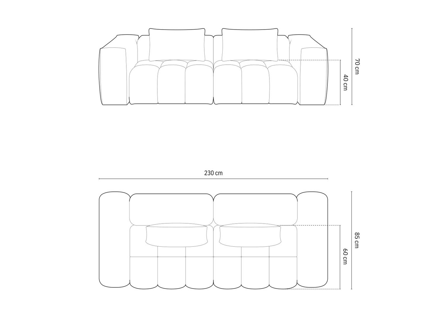 Cosmopolitan Design modulsofa, "Verona", 3-personers, 230 × 85 × 70 cm, Sorella, sorte plastben