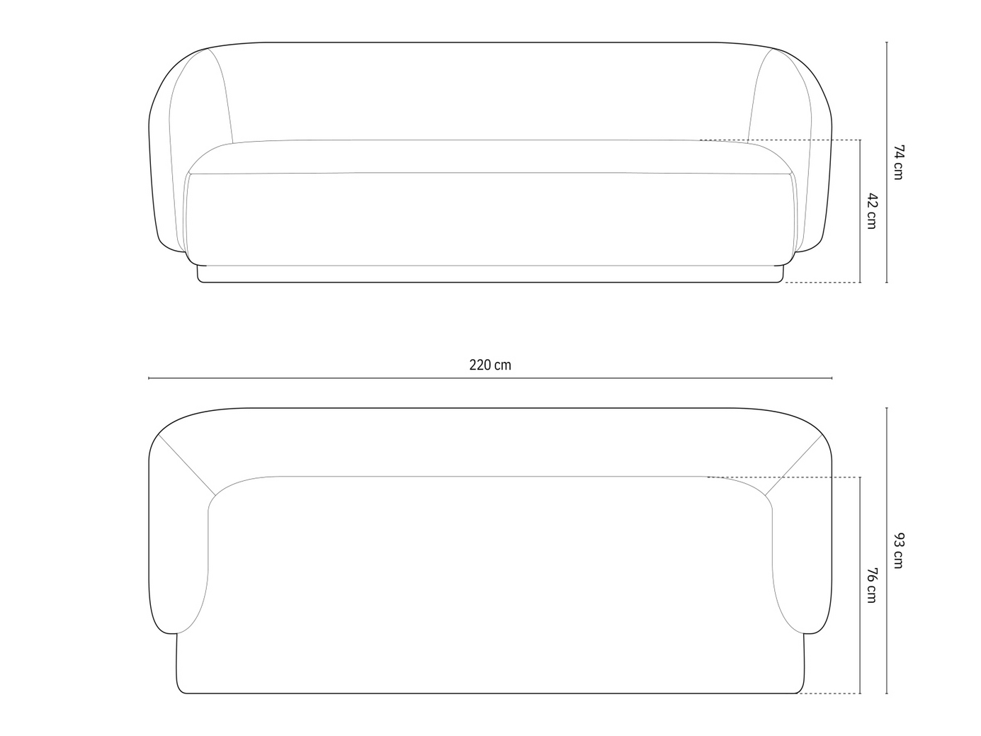 Cosmopolitan Design veloursofa, "Gomera", 3-personers, 220 × 93 × 74 cm, Salvador, sorte plastben