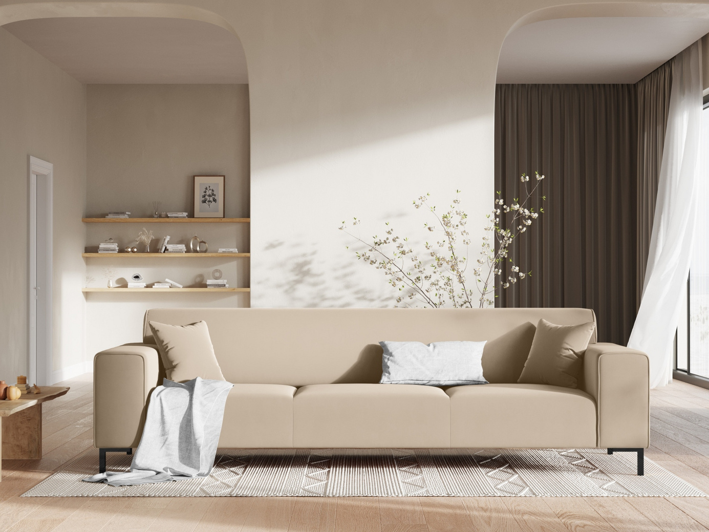 Cosmopolitan Design veloursofa, "Siena", 3-personers, 232 × 92 × 69 cm, Salvador, sorte plastben