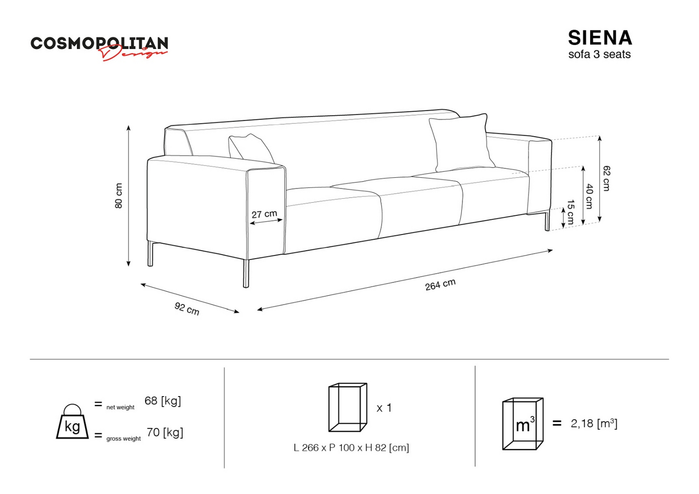 Cosmopolitan Design veloursofa, "Siena", 3-personers, 232 × 92 × 69 cm, Salvador, sorte plastben