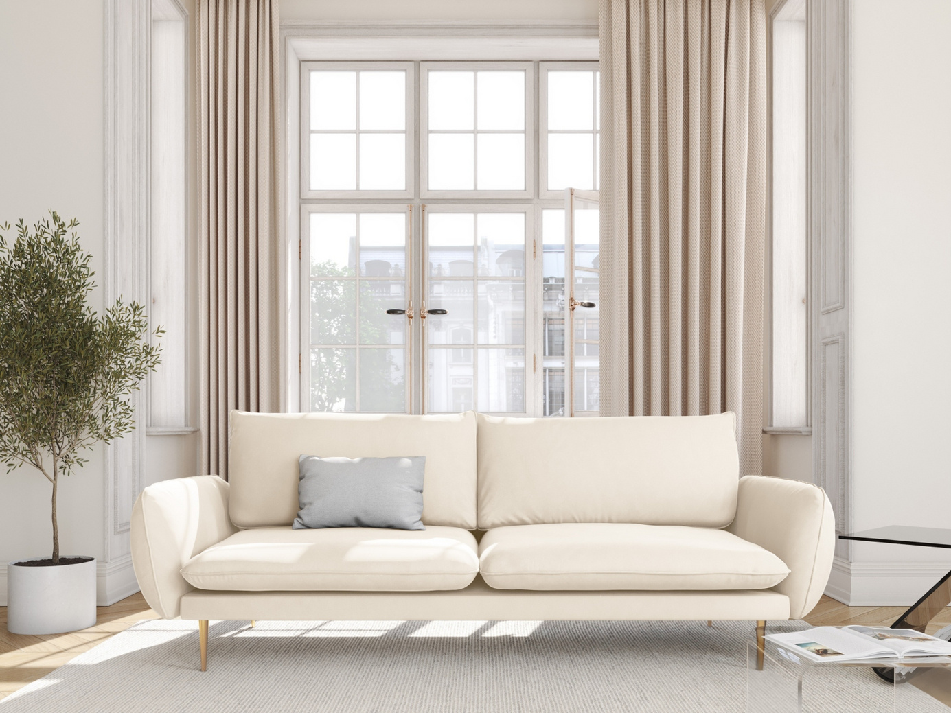 Cosmopolitan Design veloursofa, "Vienna", 3-personers, 200 × 92 × 95 cm, Bluvel, guldfarvede metalben