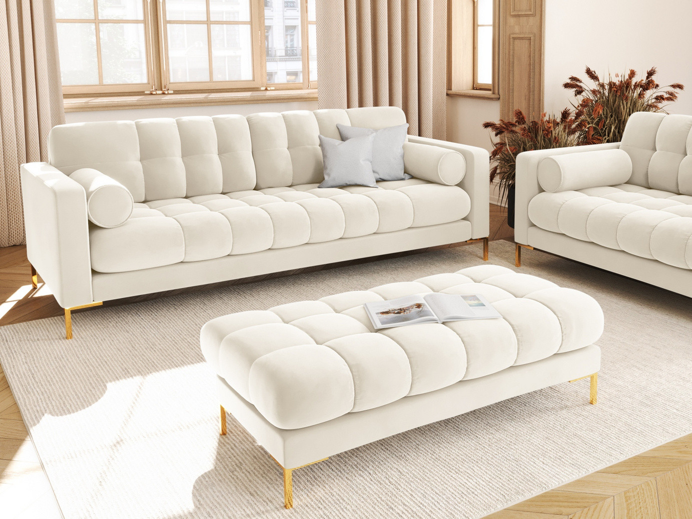 Cosmopolitan Design veloursofa, "Bali", 3-personers, 177 × 96 × 75 cm, Bluvel, guldfarvede metalben