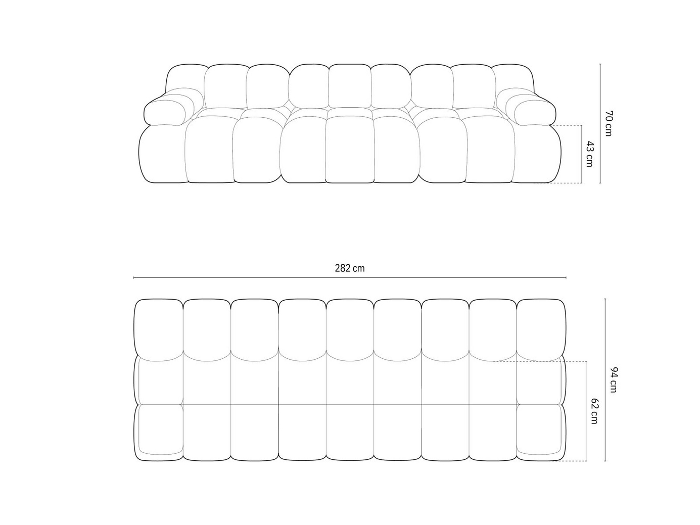 Cosmopolitan Design velourmodulsofa, "Cortina", 3-personers, 282 × 94 × 70 cm, Bluvel, sorte plastben