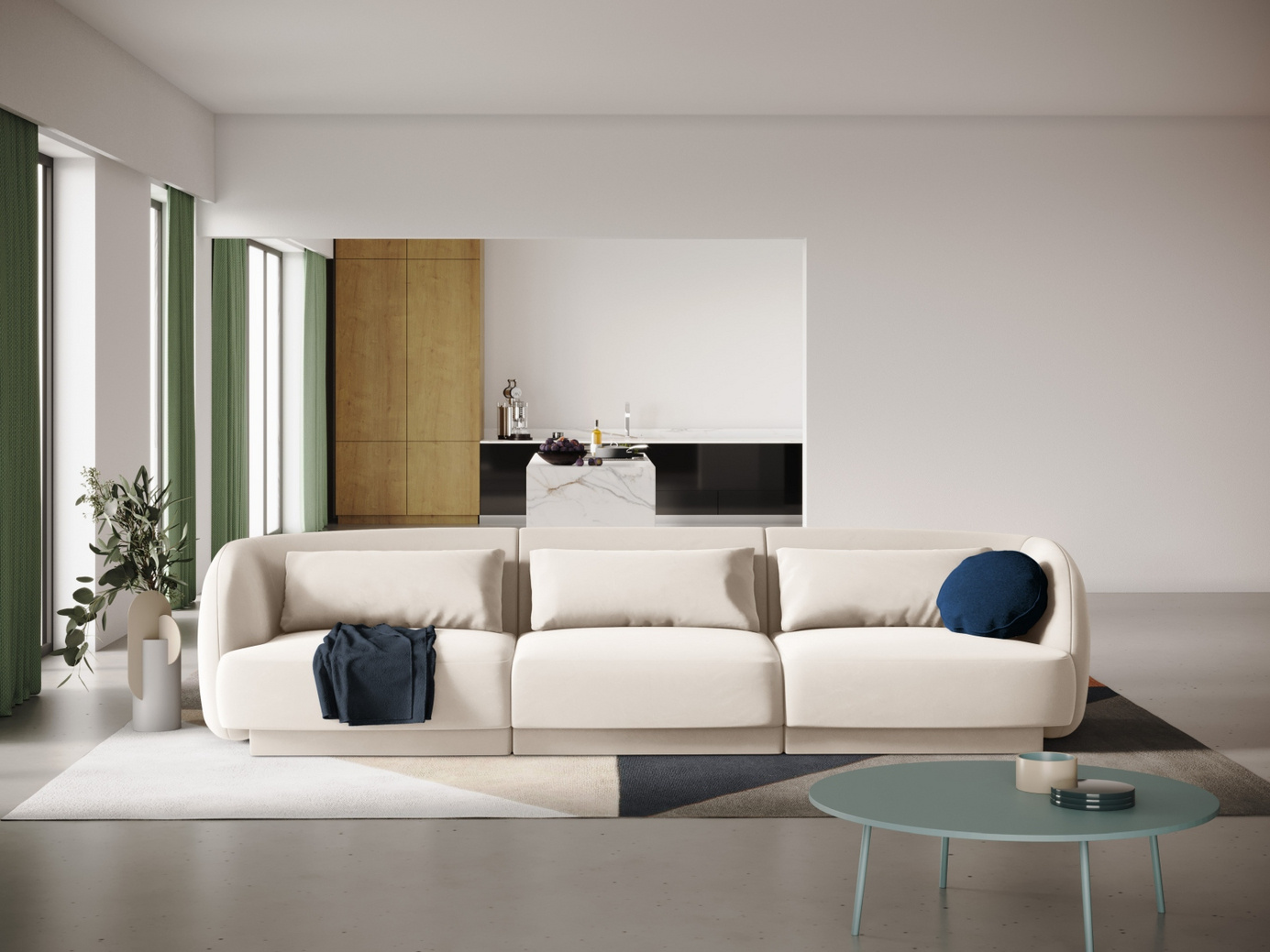 Cosmopolitan Design veloursofa, "Tulum", 3-personers, 255 × 90 × 70 cm, Bluvel, sorte plastben