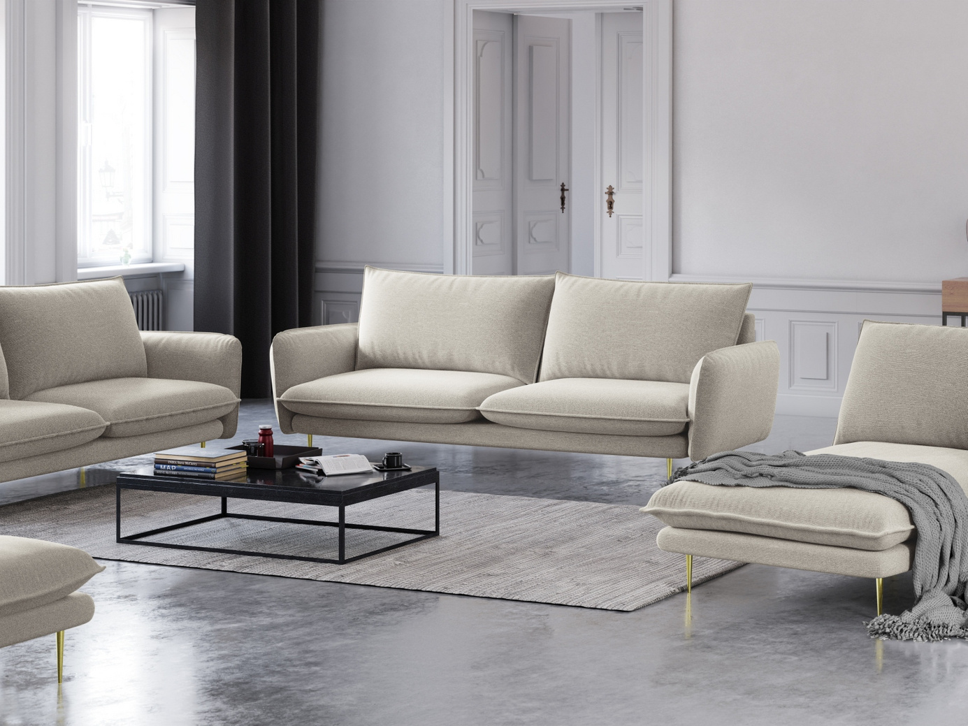 Cosmopolitan Design sofa, "Vienna", 3-personers, 200 × 92 × 95 cm, Positano, guldfarvede metalben