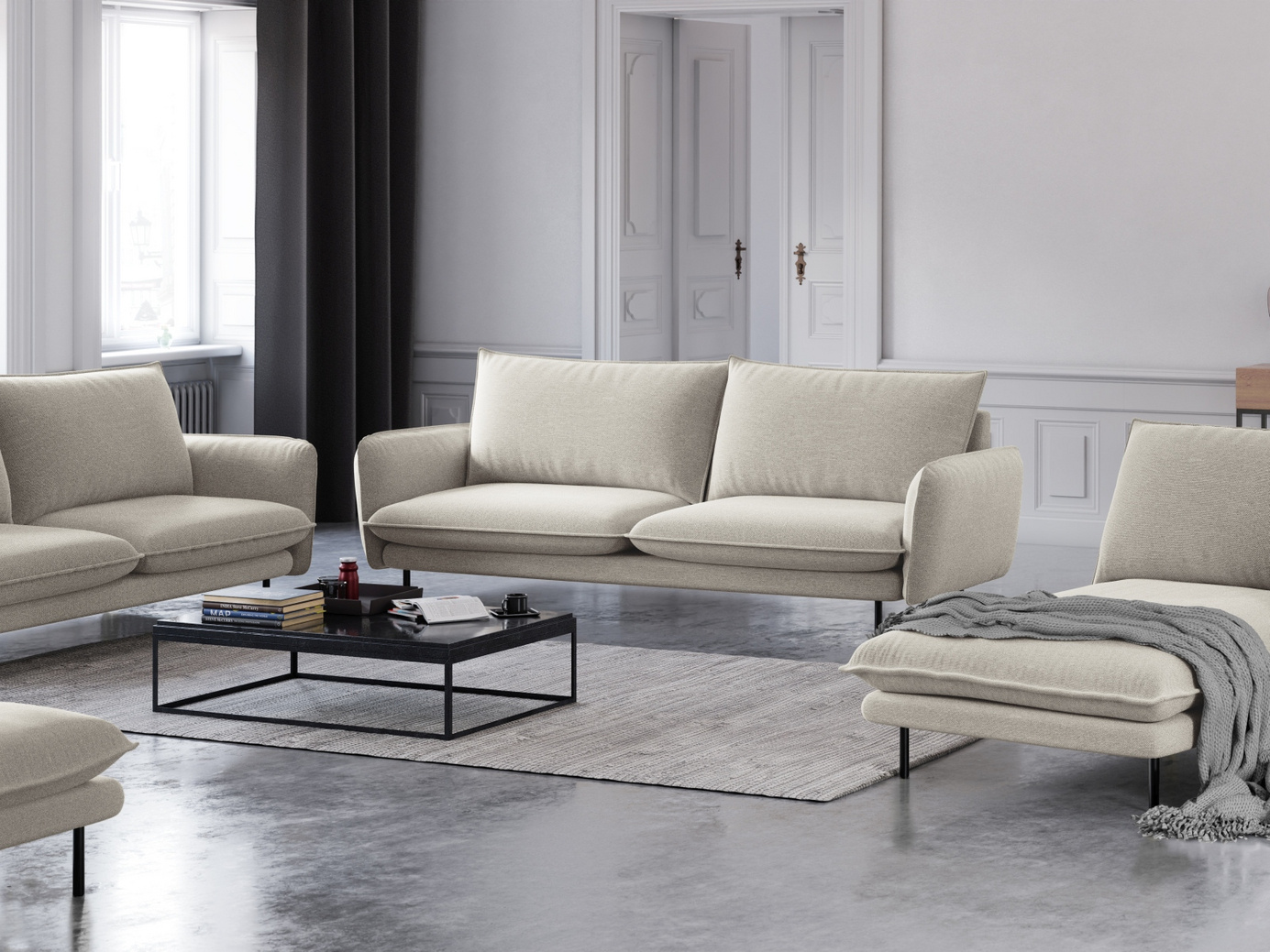 Cosmopolitan Design sofa, "Vienna", 3-personers, 200 × 92 × 95 cm, Positano, sorte metalben