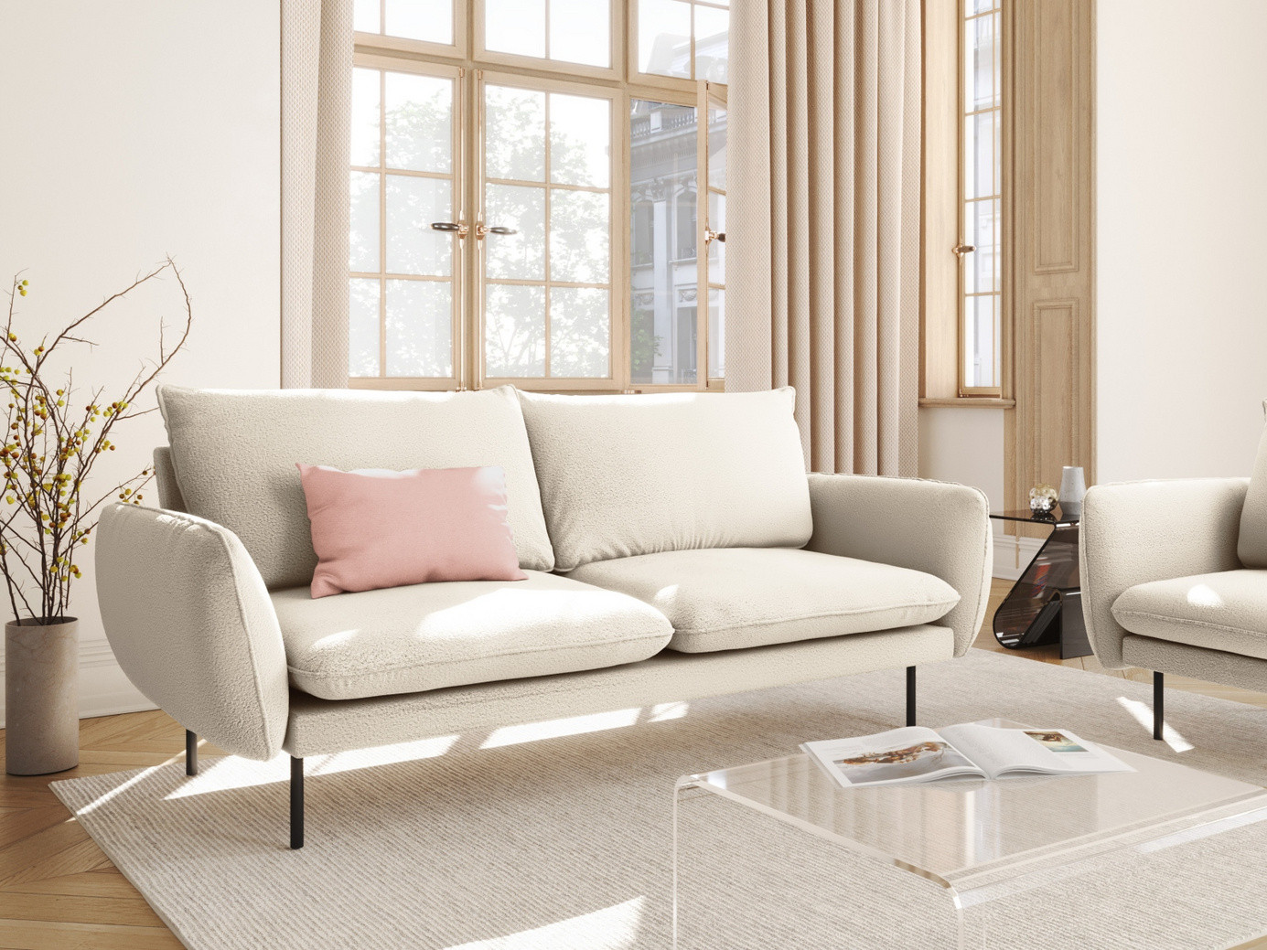 Cosmopolitan Design bouclé-sofa, "Vienna", 3-personers, 200 × 92 × 95 cm, Ascot, sorte metalben