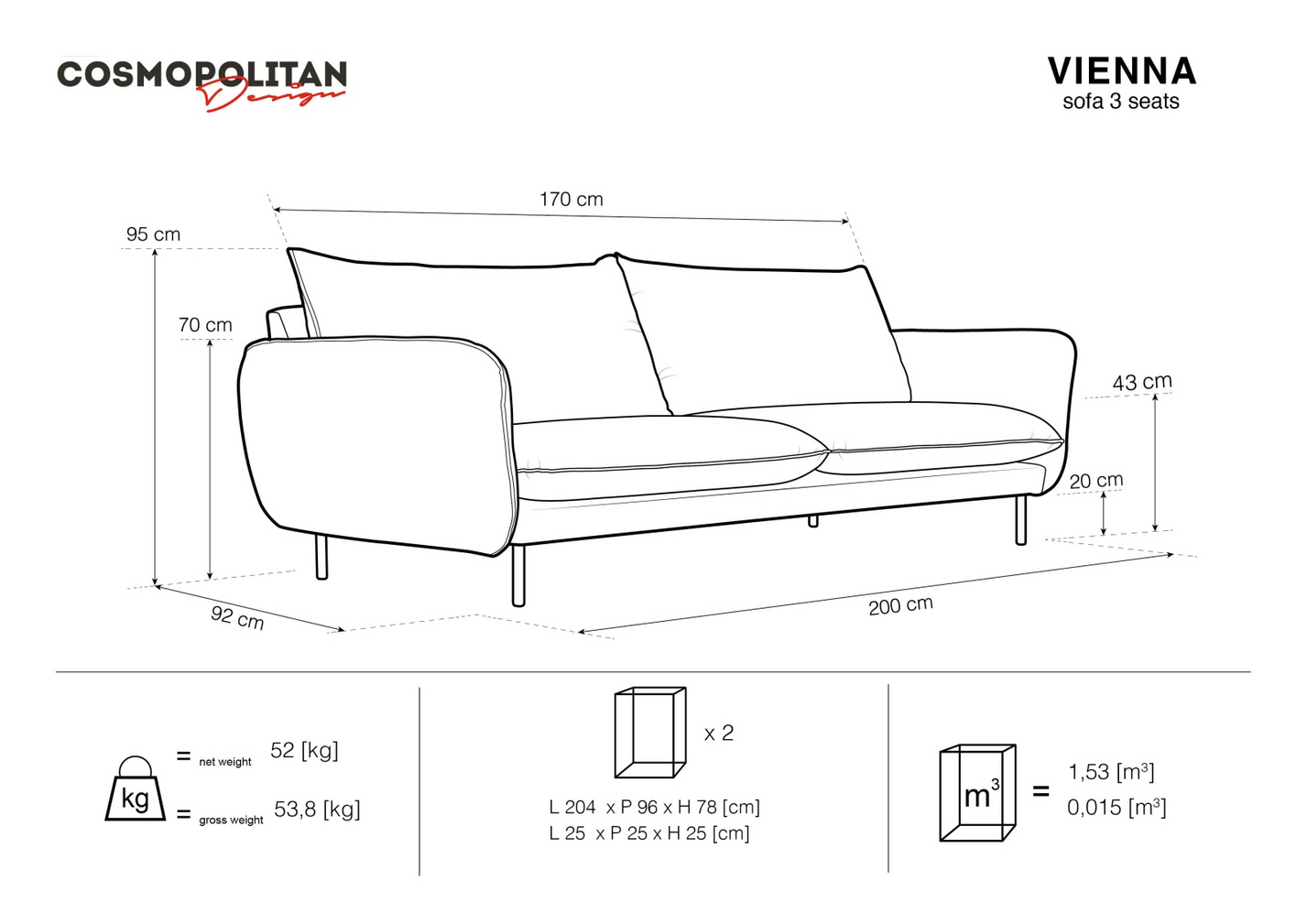 Cosmopolitan Design bouclé-sofa, "Vienna", 3-personers, 200 × 92 × 95 cm, Ascot, sorte metalben