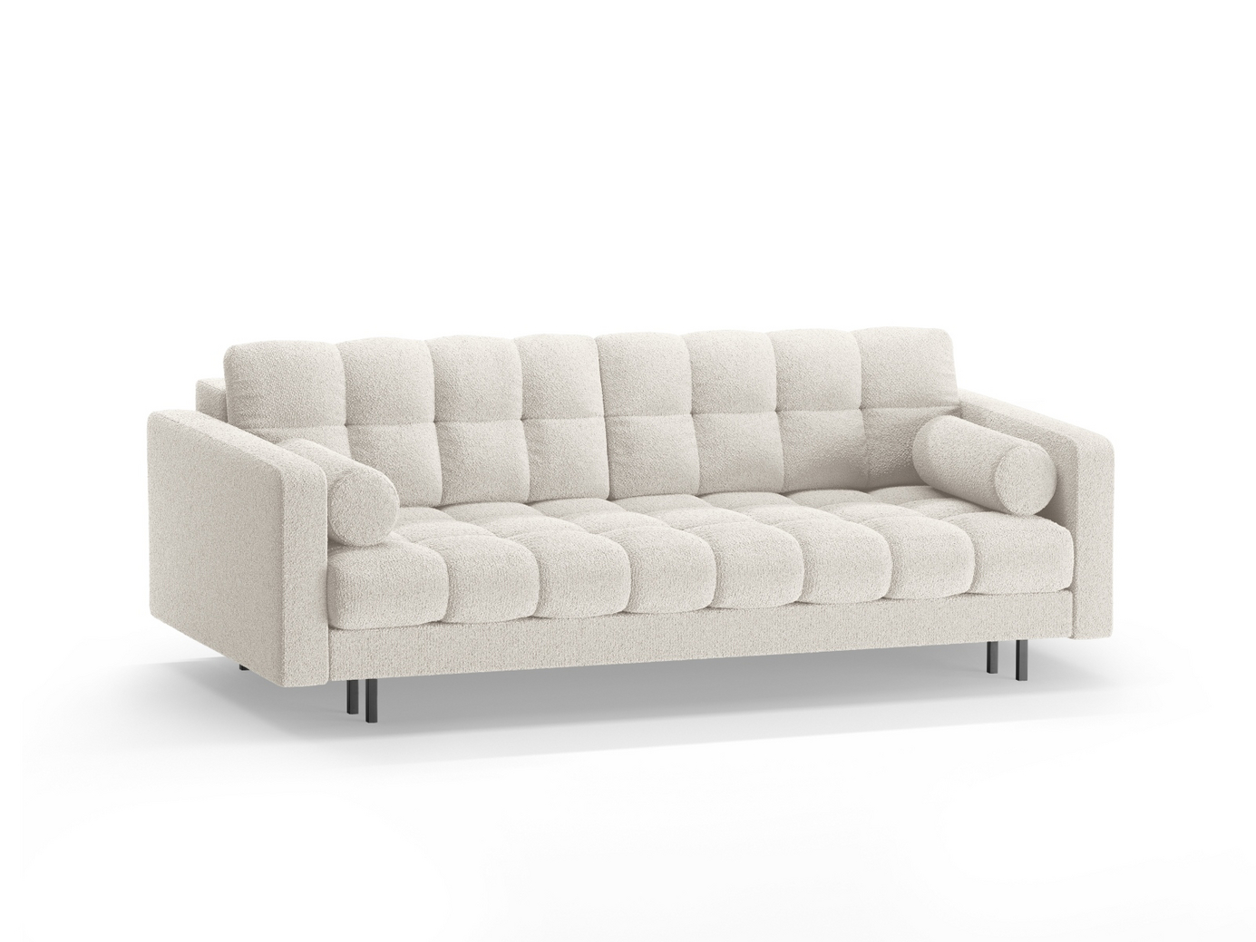 Cosmopolitan Design bouclé-sovesofa med opbevaring, "Bali", 3-personers, 222 × 84 × 105 cm, Baloo, sorte metalben