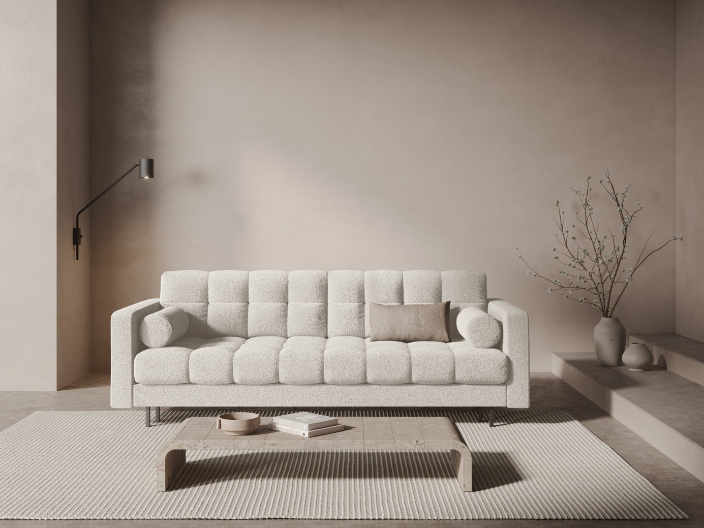 Cosmopolitan Design bouclé-sovesofa med opbevaring, "Bali", 3-personers, 222 × 84 × 105 cm, Baloo, sorte metalben