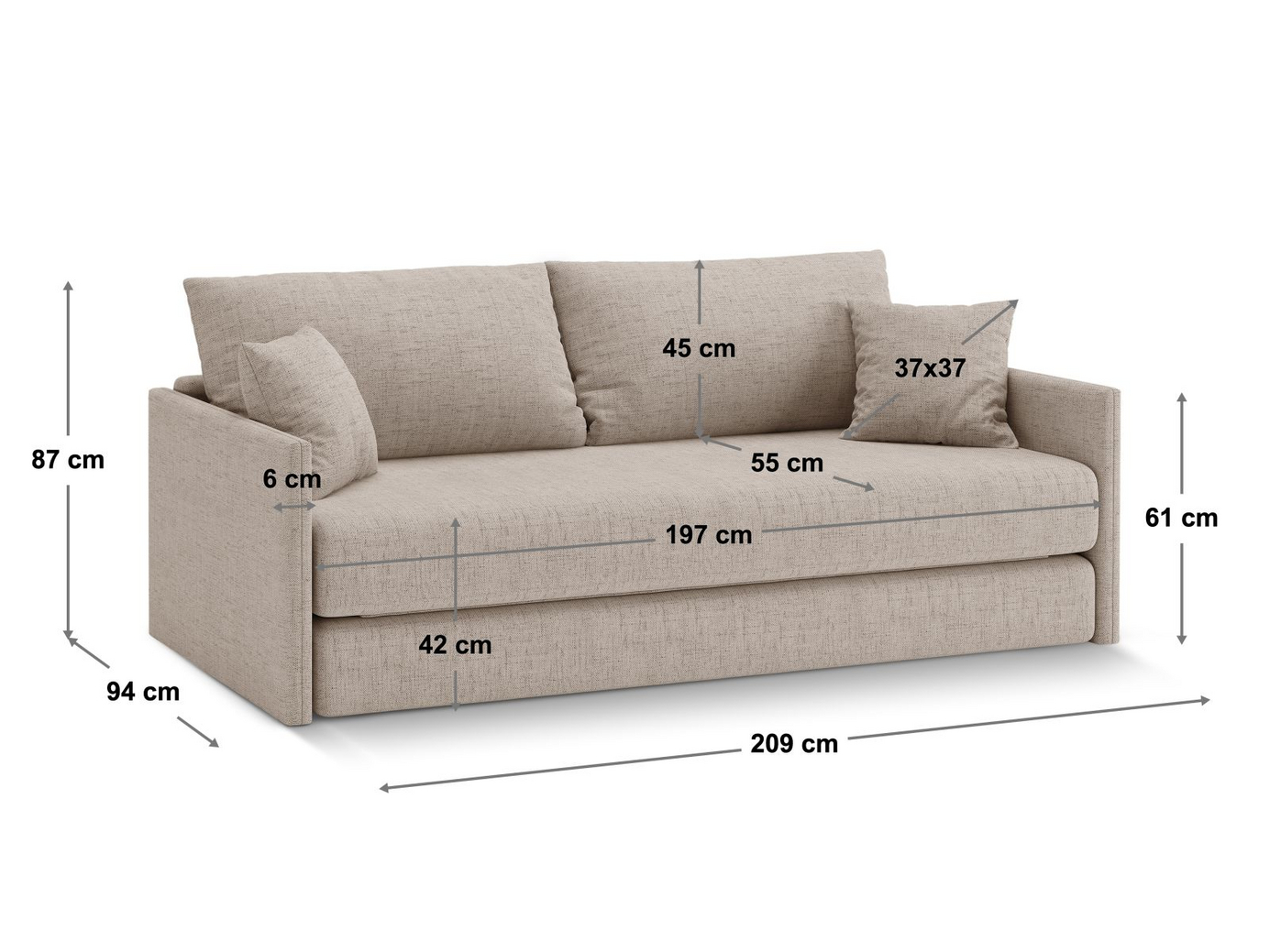 Cosmopolitan Design sovesofa, "Shannon", 3-personers, 209 × 94 × 87 cm, Moly, sorte plastben