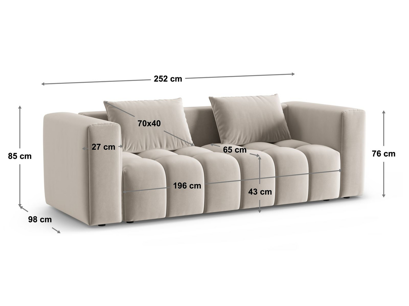 Cosmopolitan Design veloursovesofa med opbevaring, "Verona", 3-personers, 252 × 98 × 85 cm, Casino, sorte plastben