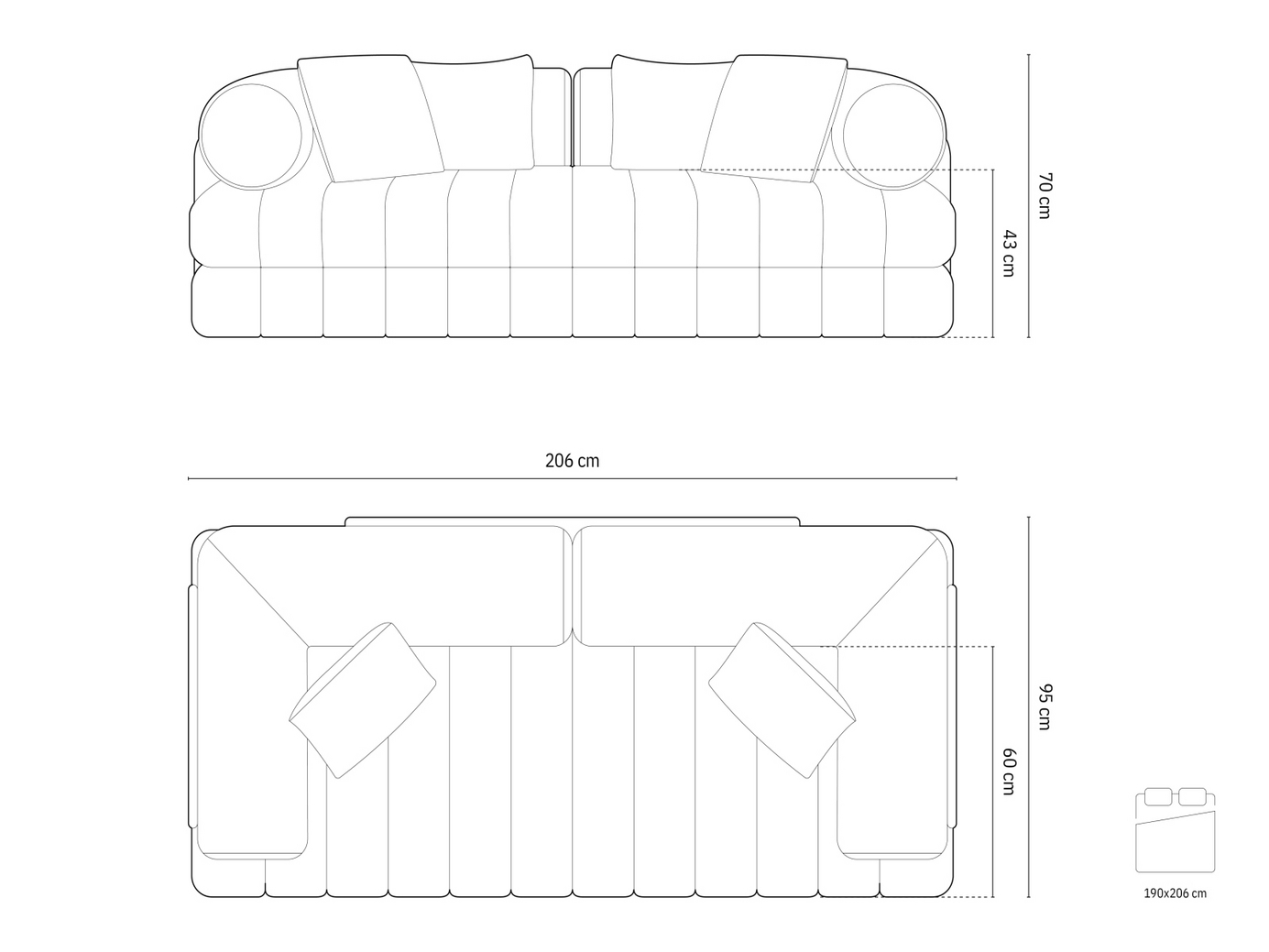Cosmopolitan Design veloursovesofa, "Kemi", 3-personers, 206 × 95 × 70 cm, Salvador, sorte metalben