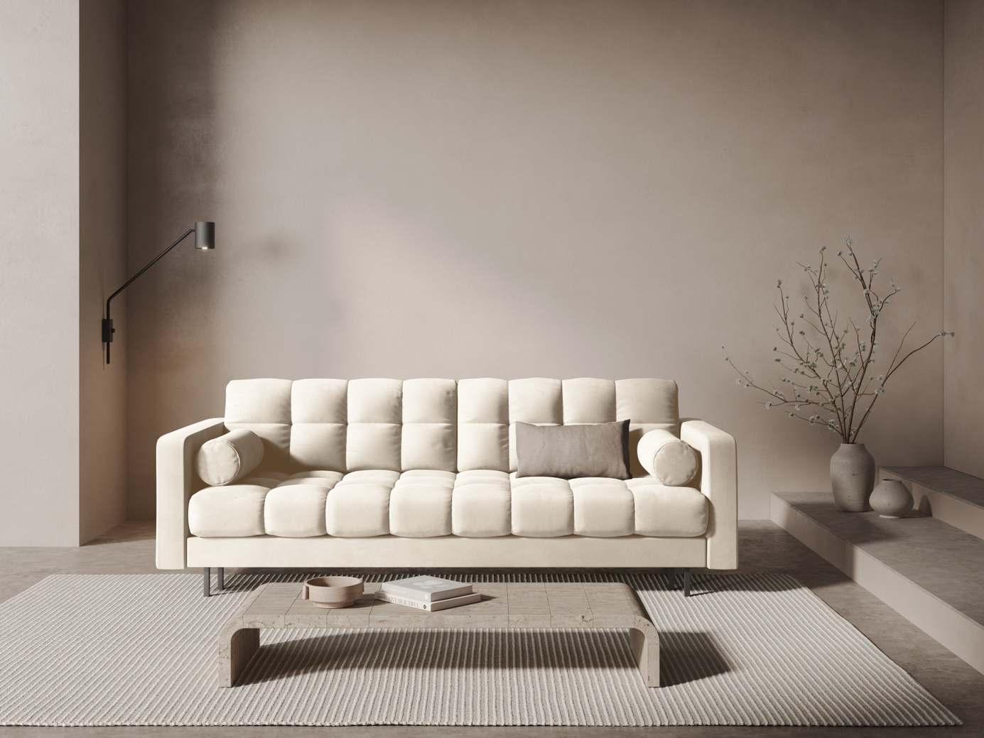 Cosmopolitan Design veloursovesofa med opbevaring, "Bali", 3-personers, 222 × 84 × 105 cm, Bluvel, sorte metalben