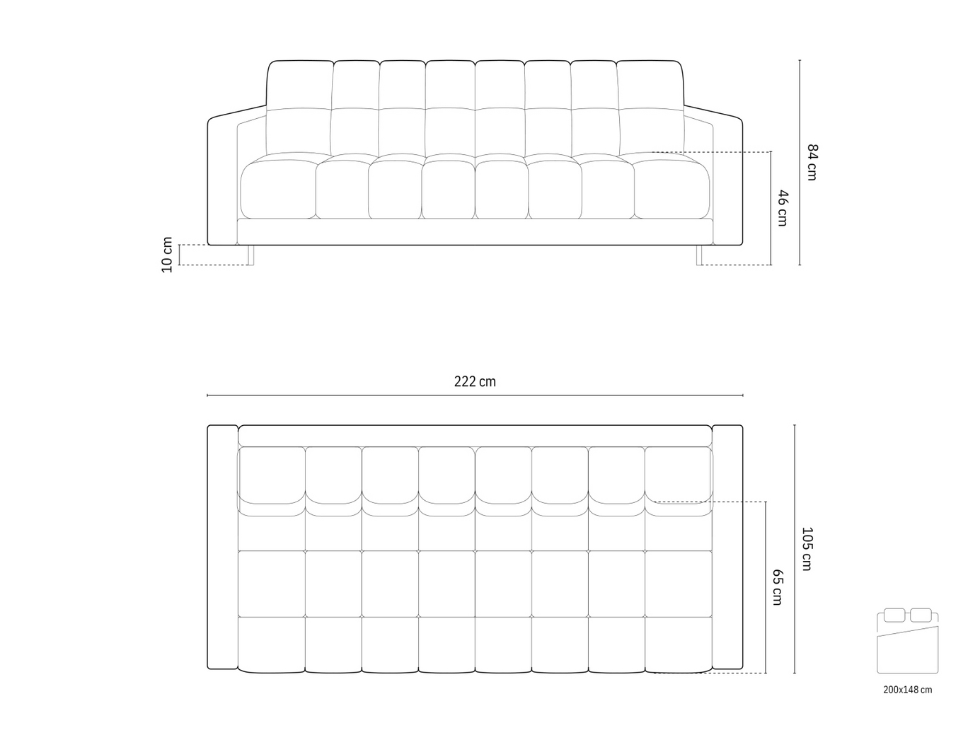 Cosmopolitan Design veloursovesofa med opbevaring, "Bali", 3-personers, 222 × 84 × 105 cm, Bluvel, sorte metalben