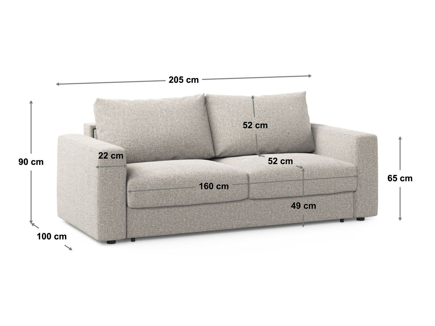 Cosmopolitan Design sovesofa, "Grena", 3-personers, 205 × 100 × 90 cm, BABEL, sorte plastben