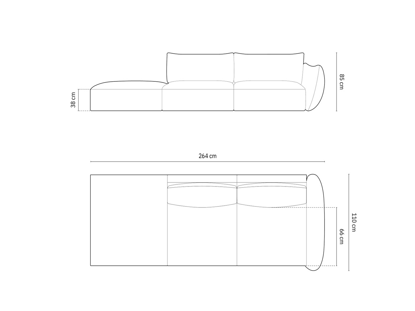 Cosmopolitan Design venstrevendt sofa, "Matera", 4-personers, 264 × 110 × 85 cm, Haga, sorte plastben